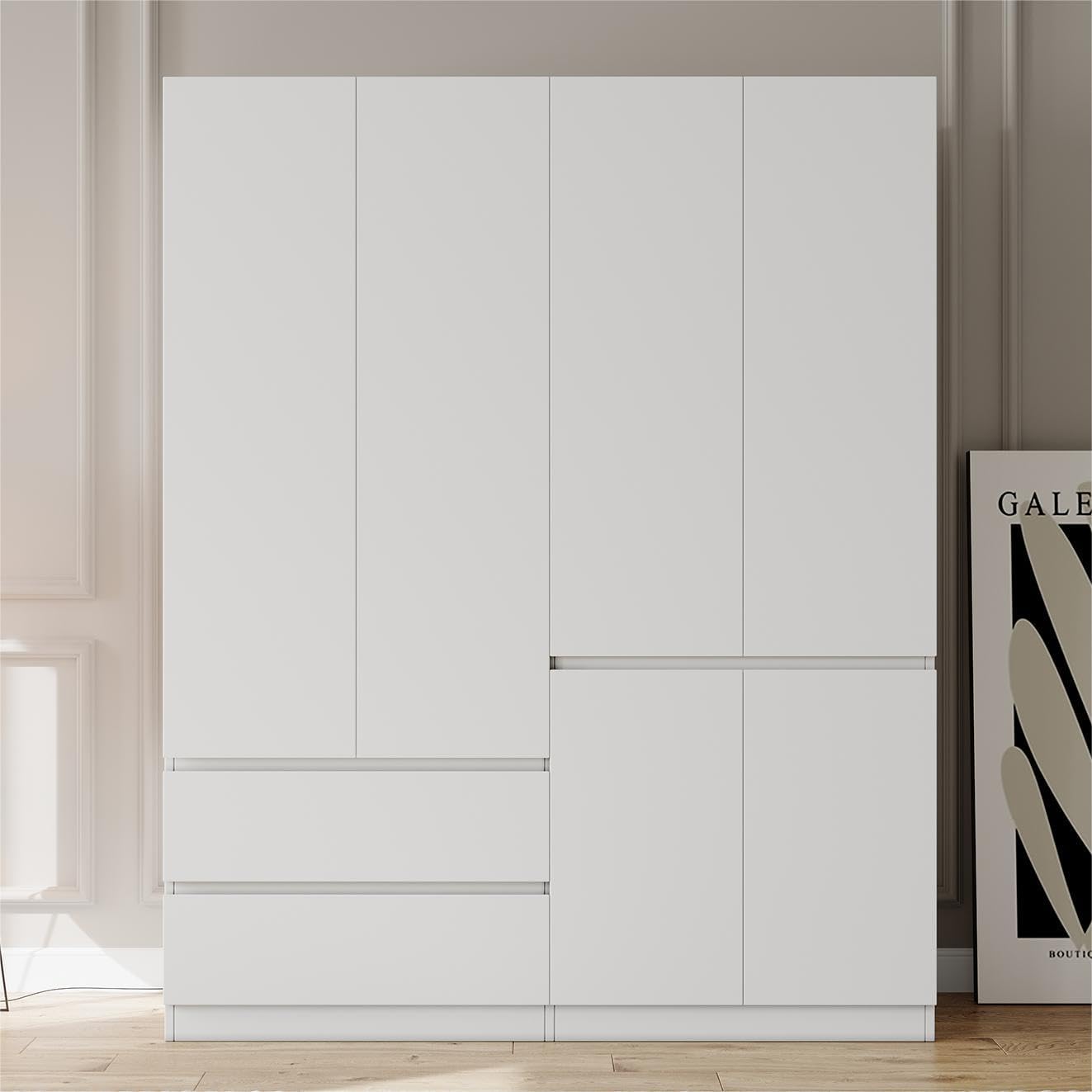 Bedroom Armoire Wardrobe Closet, Wardrobe Closet Cabinet with 2 Drawers, Wood Wardrobe Closet with 4 Doors, Wardrobe Storage Cabinet with Shelves & Hanging Rod,White(63" L x 20.39" W x 78.74" H)