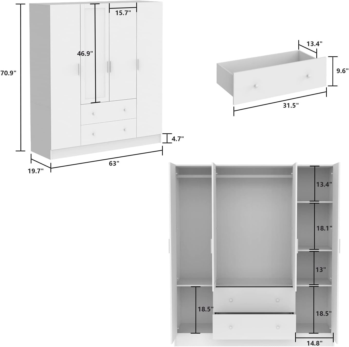 Wardrobe Armoire with Mirror, 5-Tier Shelves, 2 Drawers, 2 Hanging Rods and 4 Doors, Wooden Closet Storage Cabinet for Bedroom, White (63”W x 19.7”D x 70.9”H) - Image 2