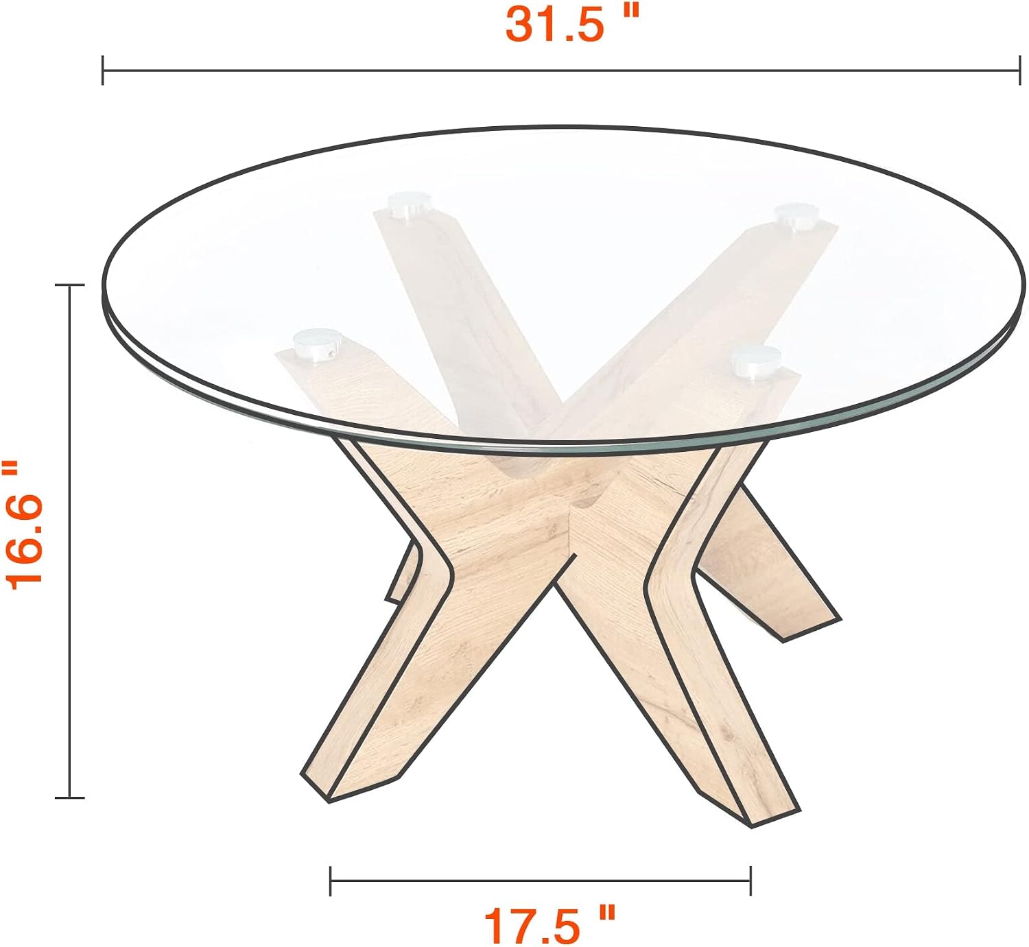Round Glass Coffee Table for Living Room, 31.5 in Clear Accent Table Cocktail Table with MDF Leg, Modern Tea Table Center Table with Tempered Glass Top for Living Room (Natural Wood) - Image 2