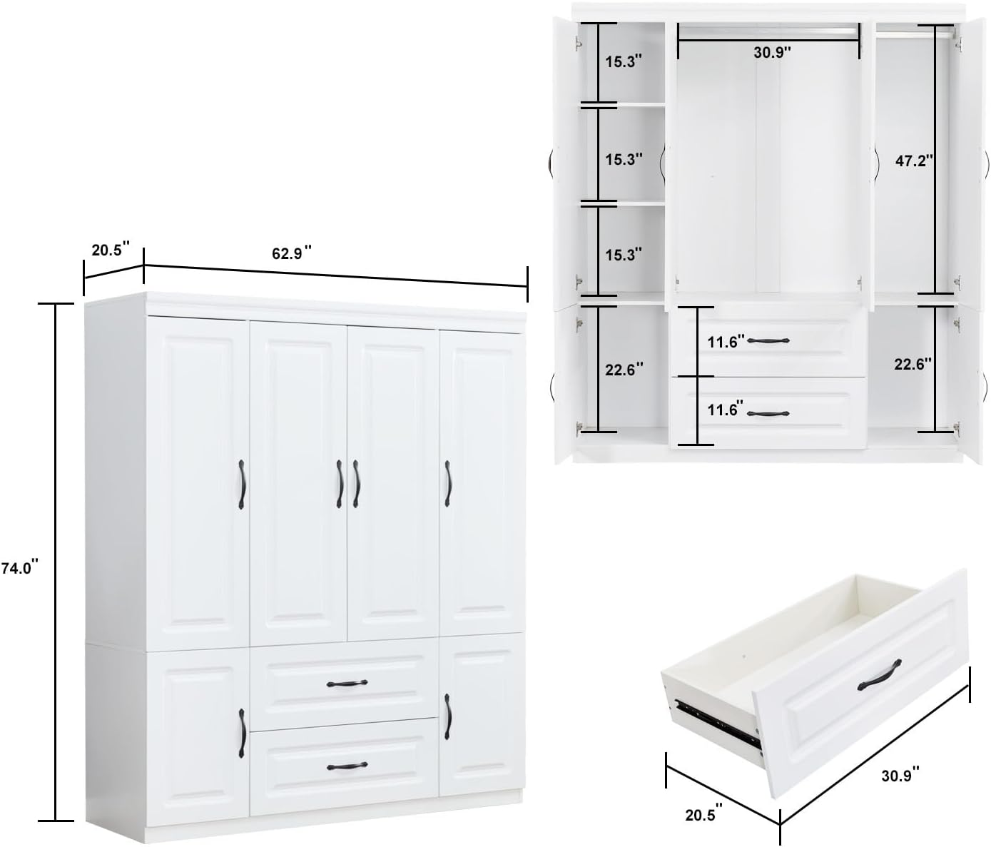 74" H Closet with Doors White Wooden Armoire Wardrobe Closet Freestanding Clothes Storage Closet Bedroom Armoires Wood Wardrobe Storage Closet Cabinet with Hanging Rod Shelf 2 Drawers - Image 2