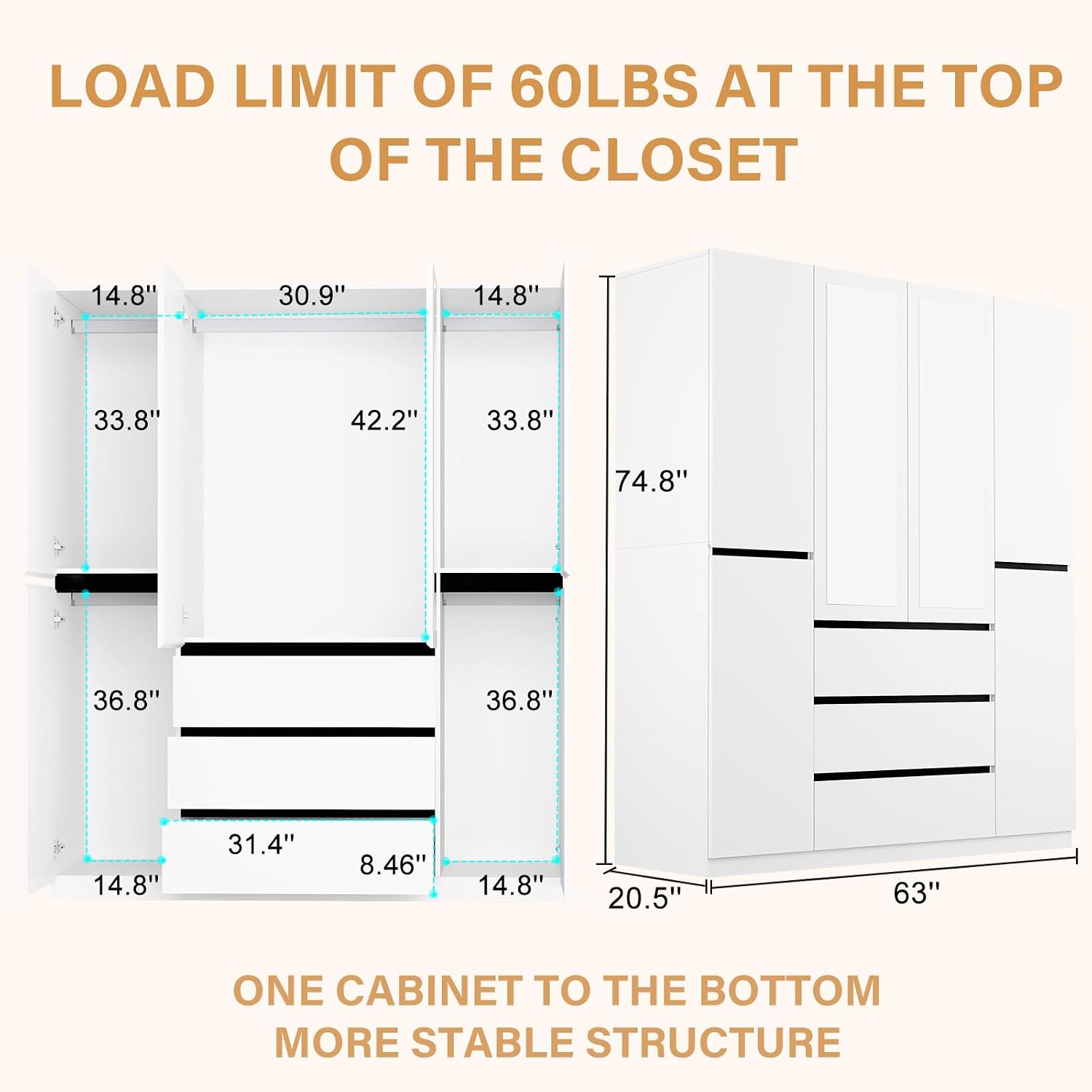 6 Door Armoire Wardrobe Closet with Large 3 Drawers & 2 Mirror, Wooden Bedroom Armoires with Shelves and Hanging Rod, Freestanding Wardrobe Cabinet for Bedroom, Guest Room (White) - Image 2