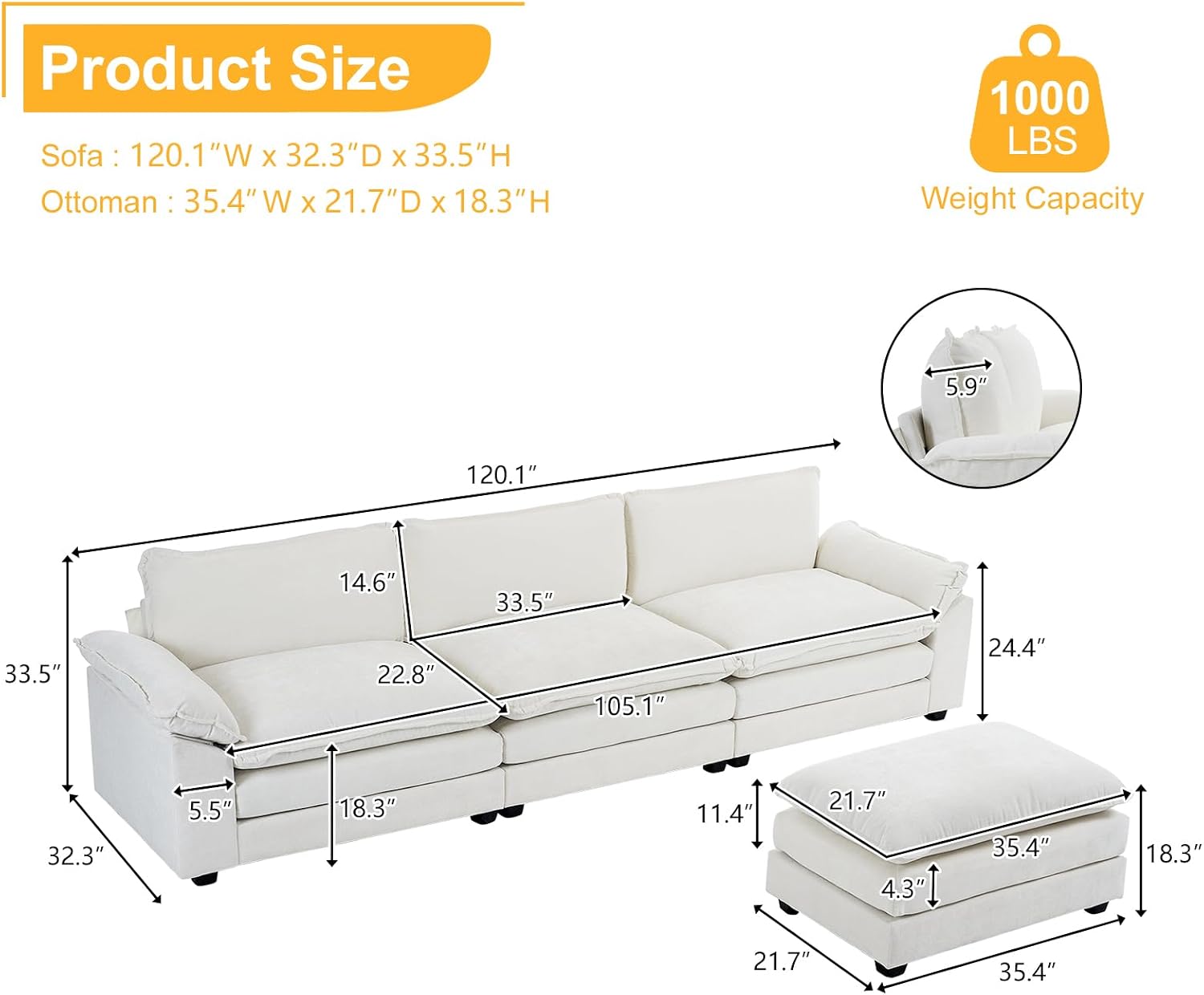 Sectional Sofa Modern Deep 3-Seat Sofa Couch with Ottoman, Chenille Sofa Sleeper Comfy Upholstered Furniture for Living Room, Apartment, Studio, Office, Beige - Image 2