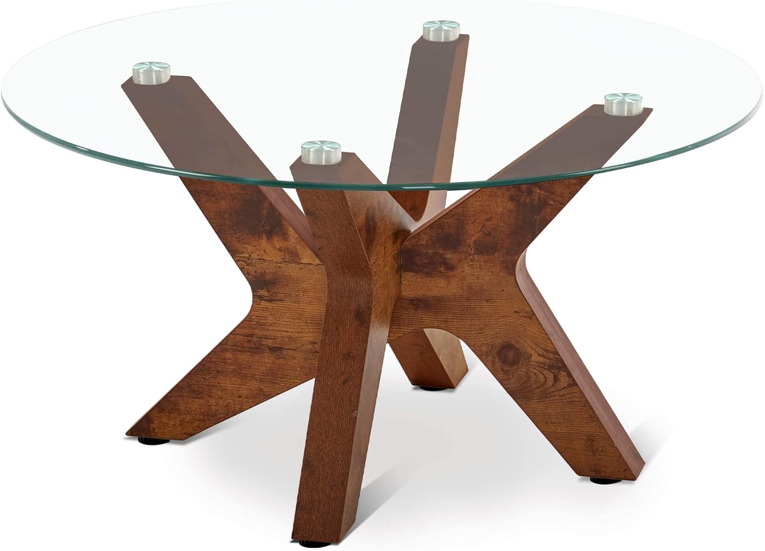 Round Glass Coffee Table for Living Room, 31.5 inches Mid Century Modern Accent Tea Table, Farmhouse Cocktail Table with MDF Leg and Tempered Glass Top (Rustic Brown)
