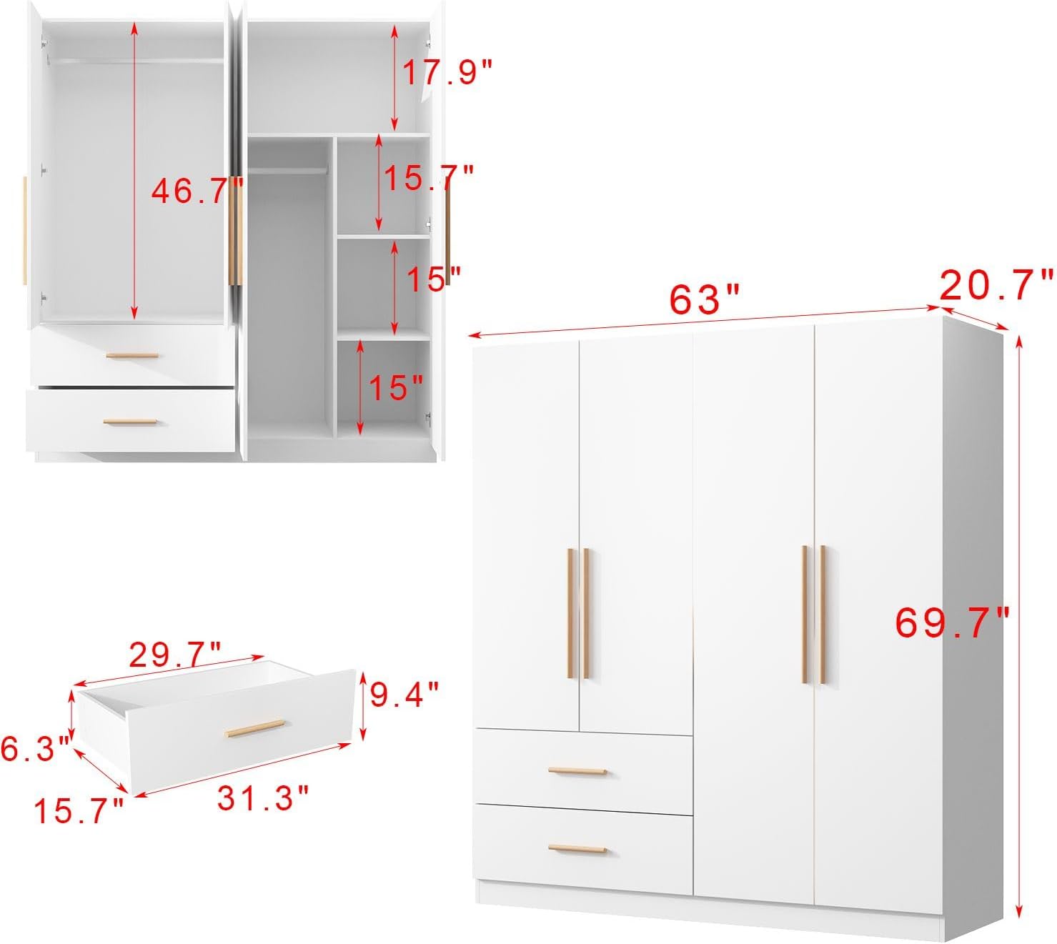4 Door Wardrobe with Drawers and Shelevs, Armoires Wardrobe Closet with Hanging Rod, Armoires and Wardrobes for Bedroom White (63”W x 20.7”D x 69.7”H) - Image 2