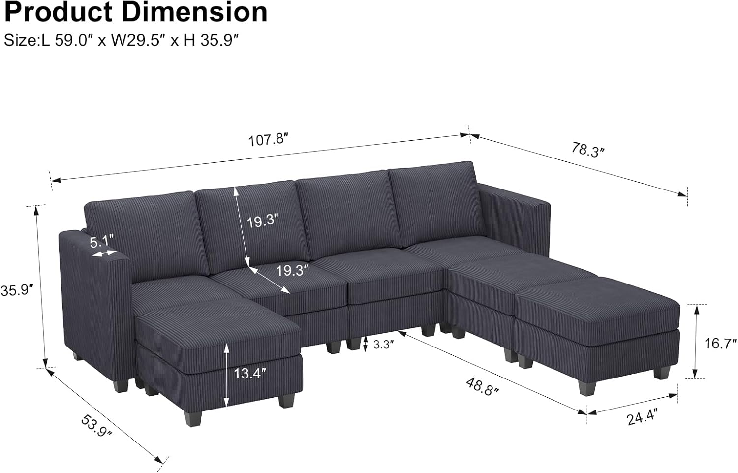 Modular Sectional Couch with Storage Ottoman U Shaped Corduroy Sectional Sofa with Chaise Convertible Modern Sectional Sofa Couch Dark Grey - Image 2