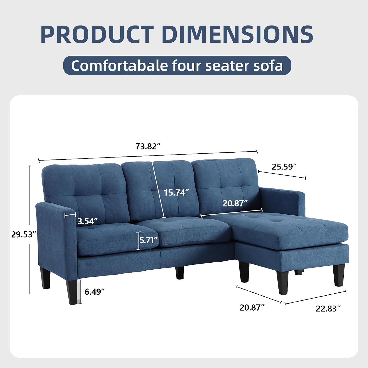 L-Shaped Sectional Modern Sofa - Convertible Sofa Sleeper Sofa Bed Couch Set with Reversible Chaise, Lounge Sofa Modular Cloud Sofa Couch for Living Room Apartment Small Space (Blue) - Image 2
