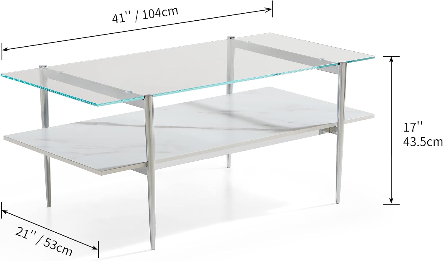 Glass Coffee Table, Double Layer Glass Coffee Table for Living Space, Chrome Finish Frmae, Ultra-Clear Glass & White Marble Wood Top - Image 2