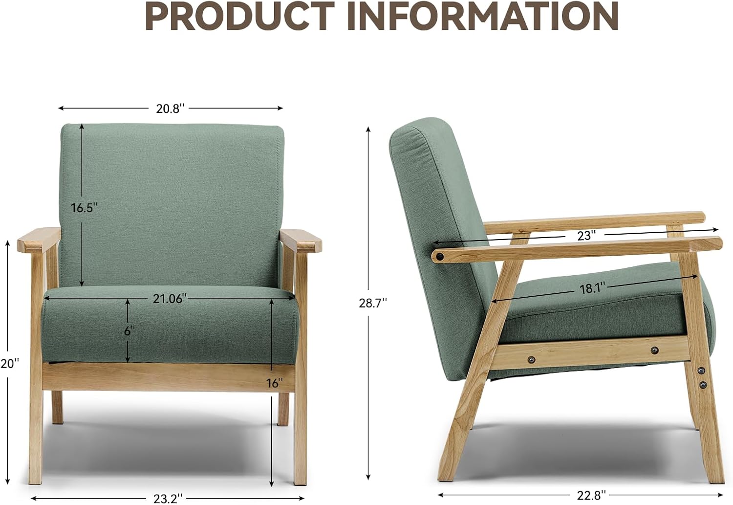 Mid Century Modern , Upholstered Armchair Chair with Solid Wood Armrests, Linen Fabric Single Sofa Living Room Chair for Bedroom (Green) - Image 2