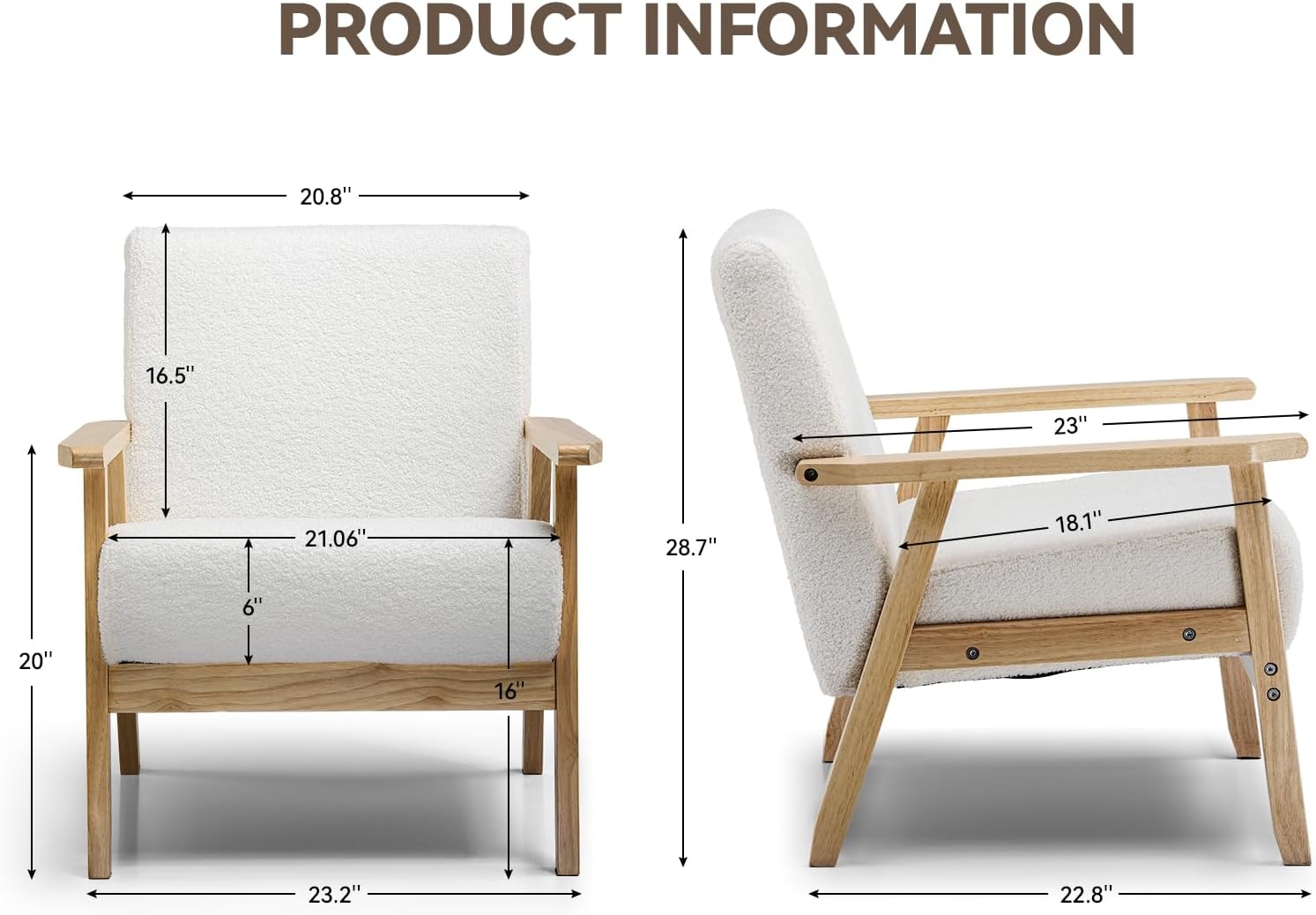Mid Century Modern , Upholstered Armchair Chair with Solid Wood Armrests, Linen Fabric Single Sofa Living Room Chair for Bedroom (White) - Image 2
