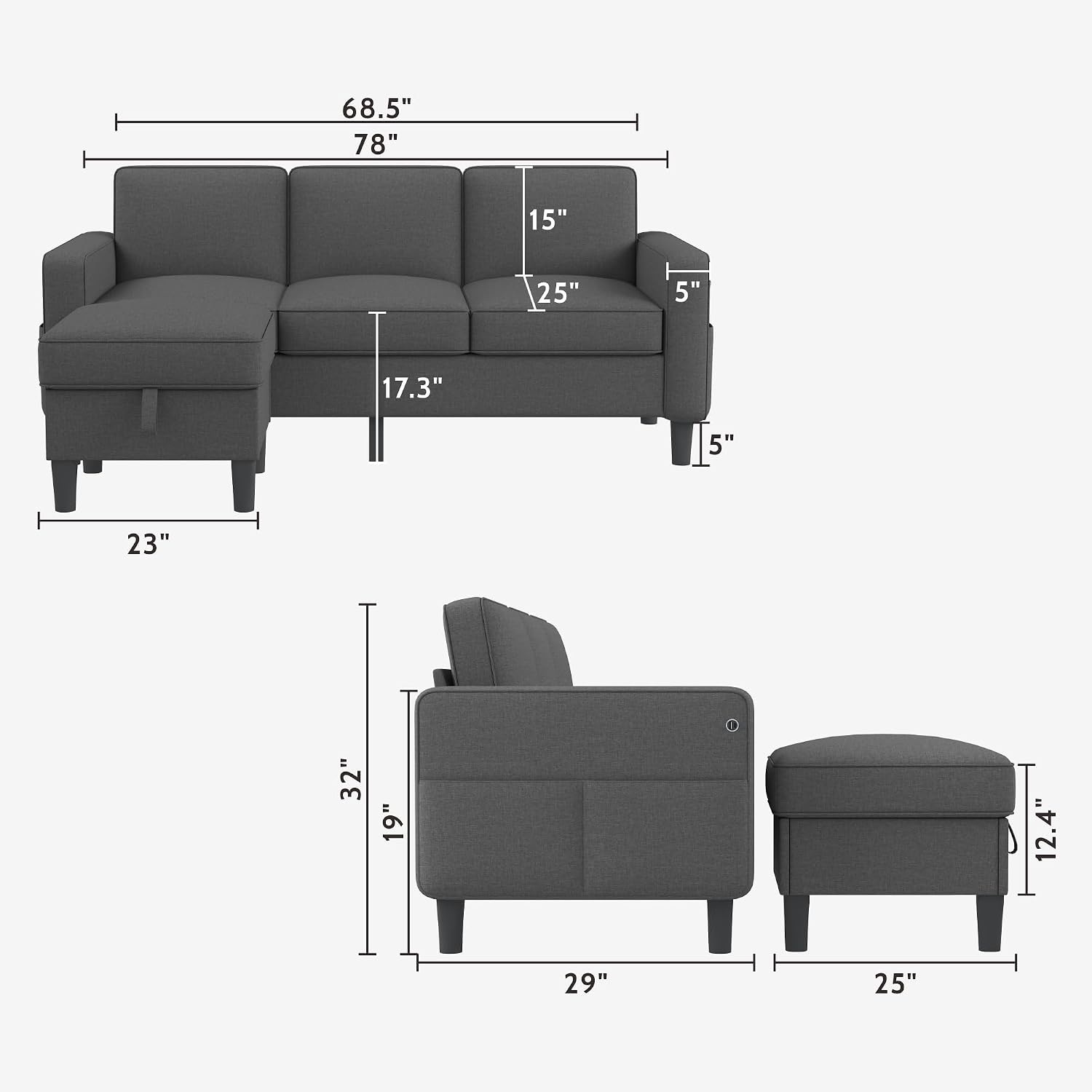 Sectional Sofa Couch 78“ Couches for Living Room L Shaped 3 Seater Sofas with Storage Ottoman USB+Type C Charging Port (Dark Grey) - Image 2