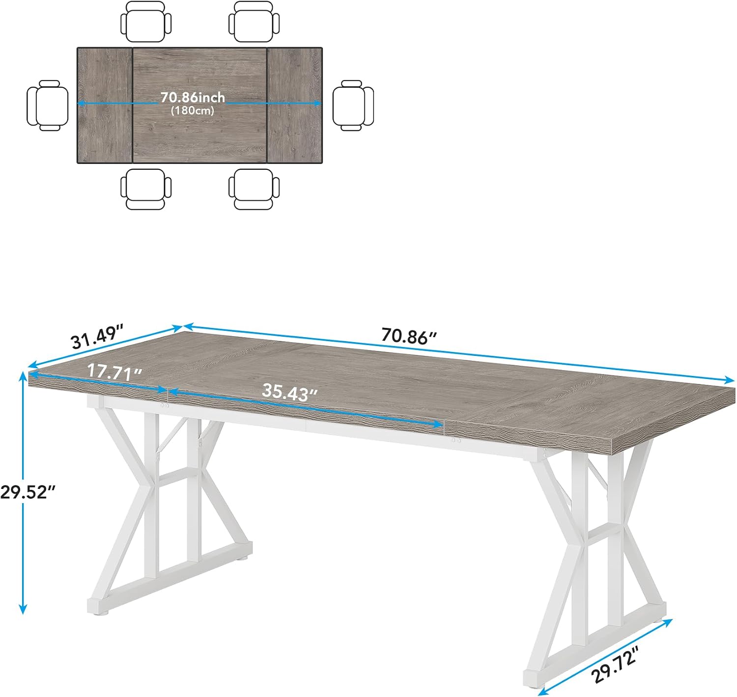 Farmhouse Dining Table for 6 People, 70.8-Inch Rectangular Wood Dining Table, Rustic Kitchen Table with Heavy Duty Metal Legs for Dining Room(Grey) - Image 2