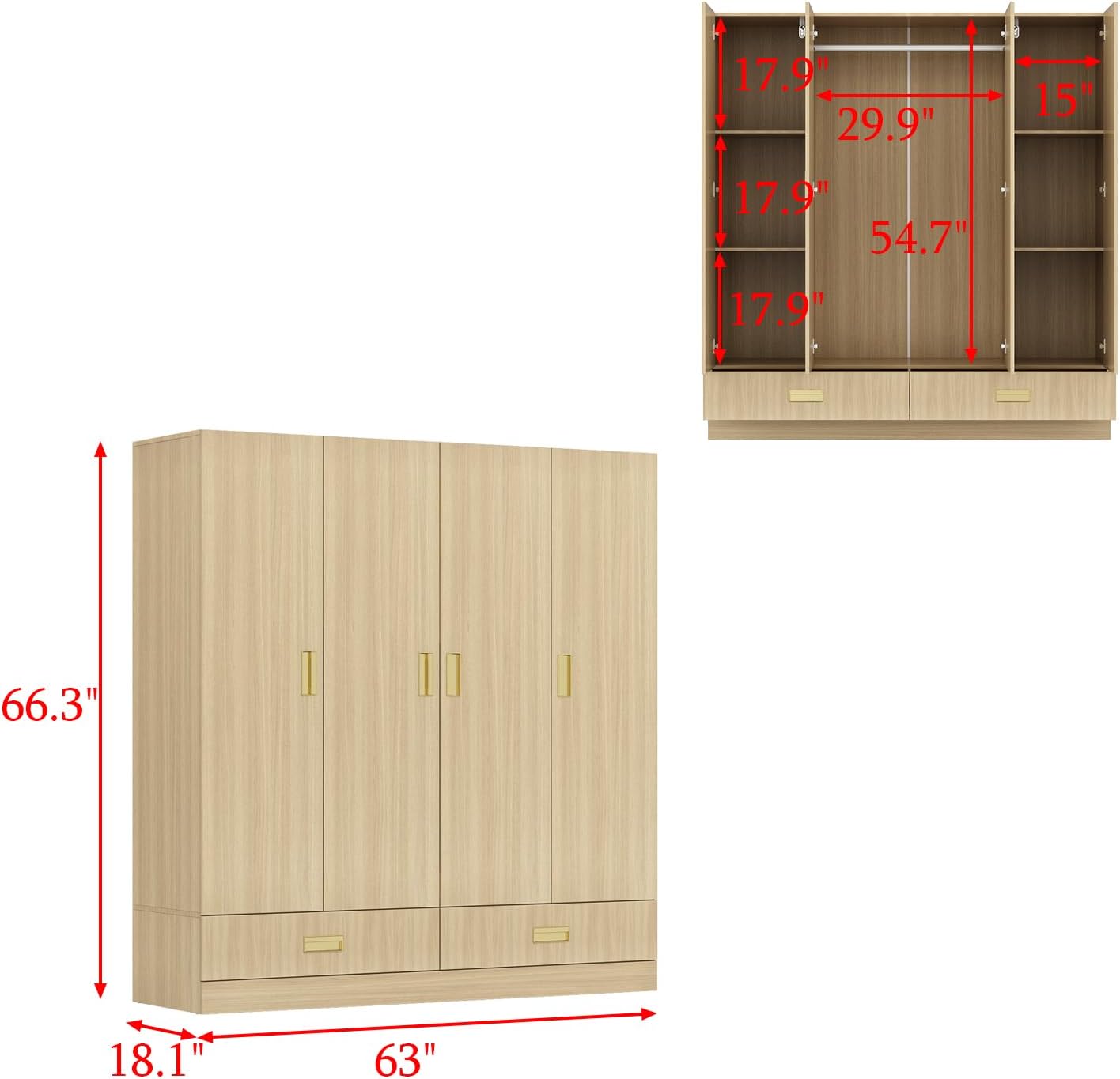 Armoire Wardrobe Closet with Hanging Rod, 2 Drawers & Shelves, 4-Door Wood Grain Wardrobe Closet with Metal Handles, Free Standing Clothes Organizer Cabinet for Bedroom, Light Brown - Image 2
