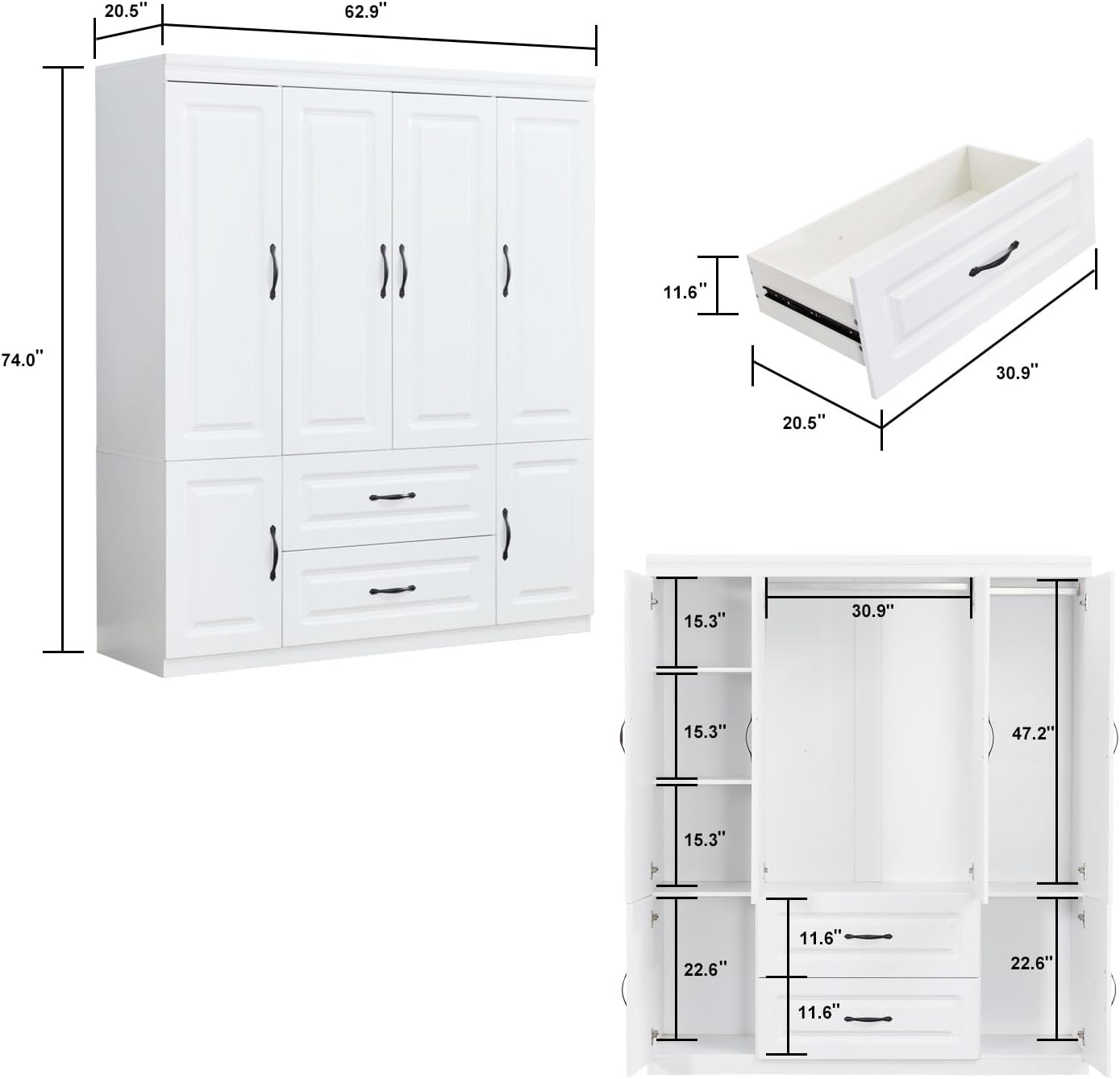 4 Door Armoire Wardrobe Closet, Wood 2 Drawers Armoire Storage Cabinet for Large Capacity, White Bedroom Armoires for Clothes with Hanging Rod and 5 Storage - Image 2