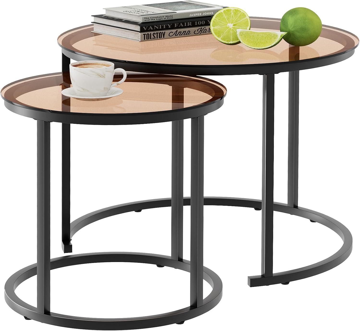 Nesting Coffee Table Set of 2, Small Round Glass Nesting Tables for Living Room Bedroom, Accent Tea Table with Metal Frame Modern Industrial Simple