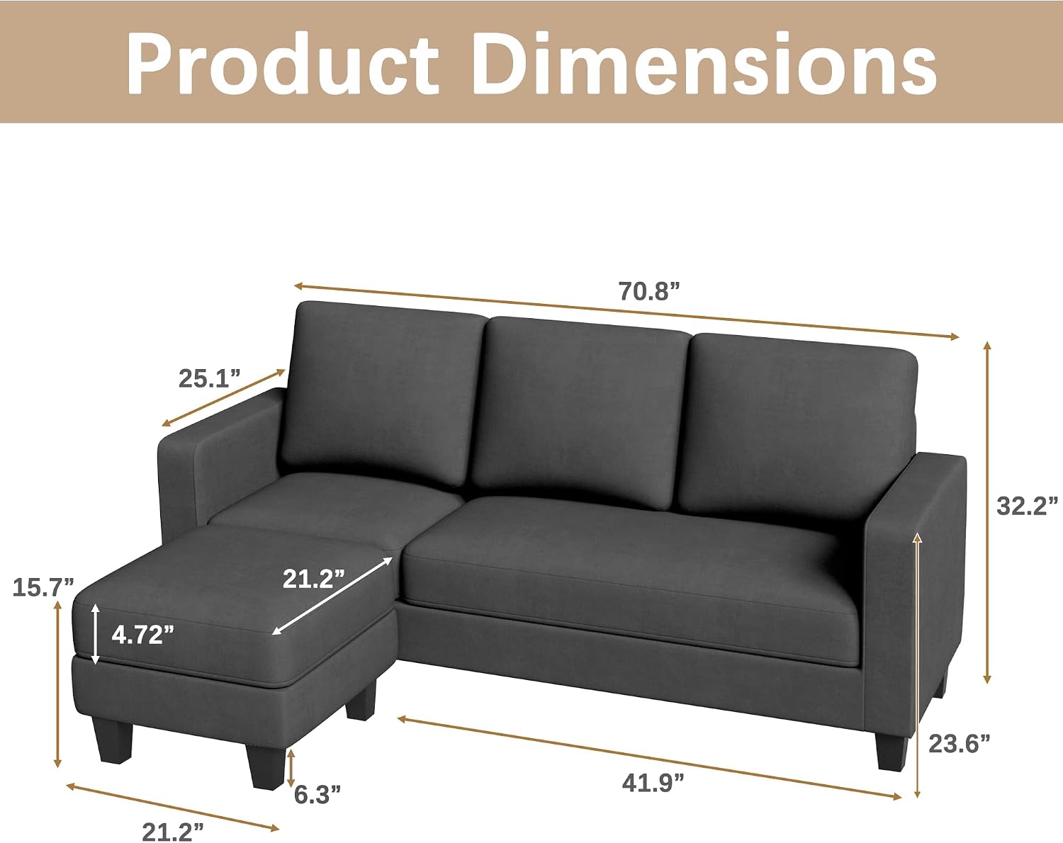 Convertible Sectional Sofa Couch, L Shaped 3-Seat Small Couch for Living Room with Ottoman Modern Fabric Reversible Chaise for Apartment and Small Space (Dark Gray) - Image 2
