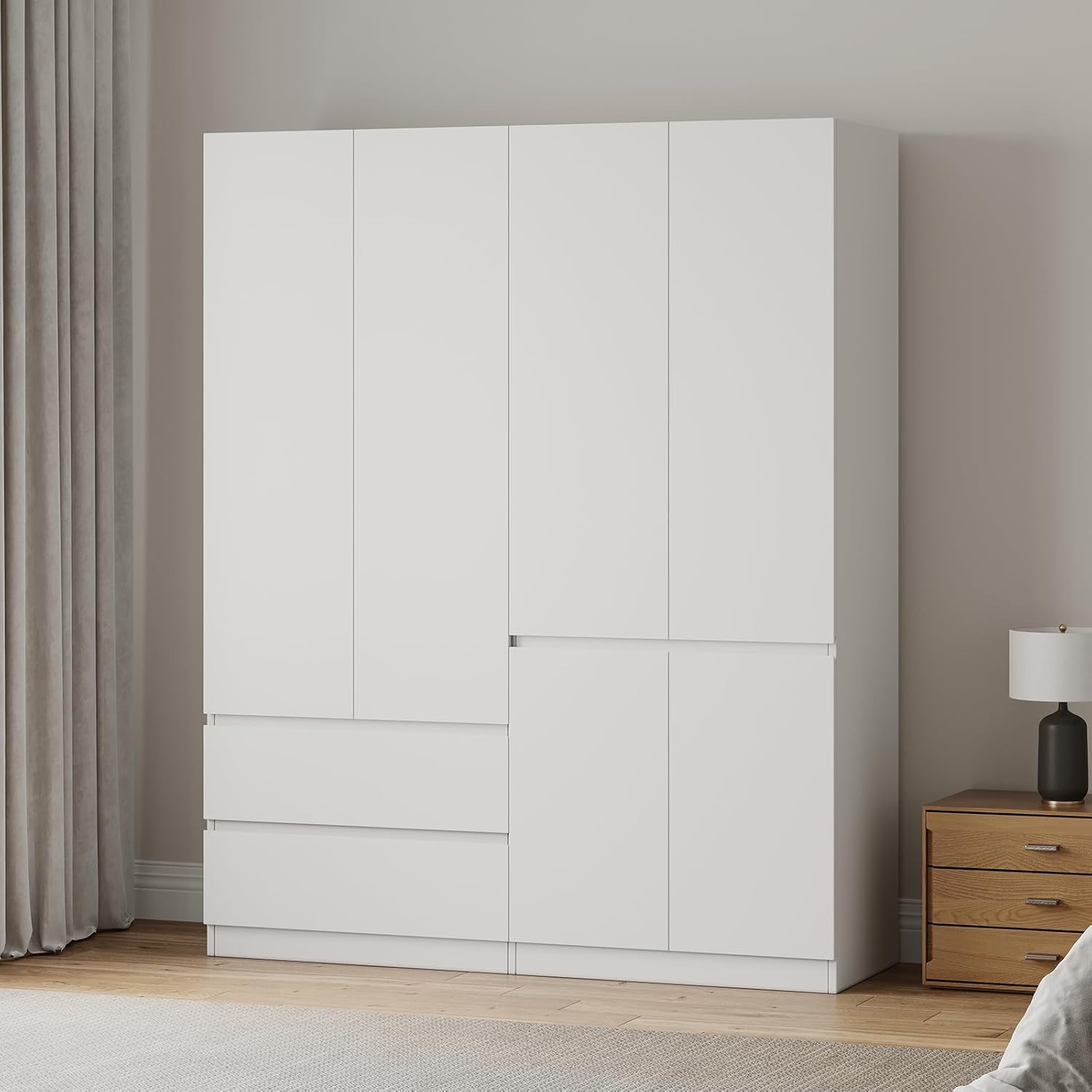Bedroom Armoire Wardrobe Closet, Wardrobe Closet Cabinet with 2 Drawers, Wood Wardrobe Closet with 4 Doors, Wardrobe Storage Cabinet with Shelves & Hanging Rod,White(63" L x 20.39" W x 78.74" H) - Image 2