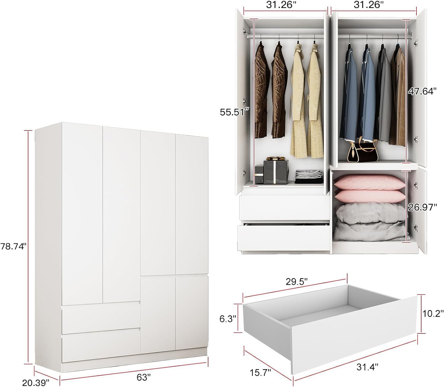 78.74" 4-Door Armoire Wardrobe Closet, with Drawers and Shelves,Armoires and Wardrobes with Hanging Rod, Wooden Wardrobe Closet(White) 63" L x 20.39" W x 78.74" H - Image 2