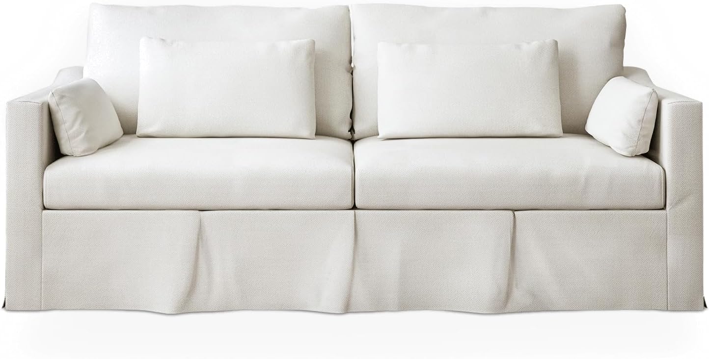 84 inch 3 Seater Couch, 25.59" Extra Deep Seat, Washable Linen Slipcovered Sofa, Slop Arm, Comfy Sponge Seat Cushion, w/3 Pillows, Coastal Couch for Living Room, Office, Apartment, White