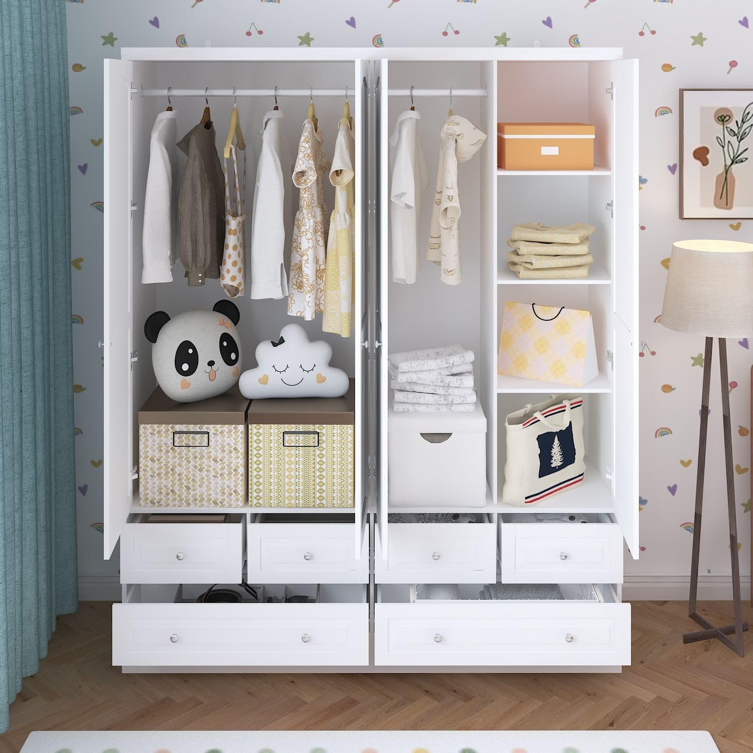 4 Door Wardrobe Closet with Mirror & 6 Drawers, Wardrobe Armoire Closet with 2 Hanging Rods, Armoire Wardrobe with 4 Tier Shelves, Closet for Bedroom White (63”W x 19.7”D x 78.7”H) - Image 2