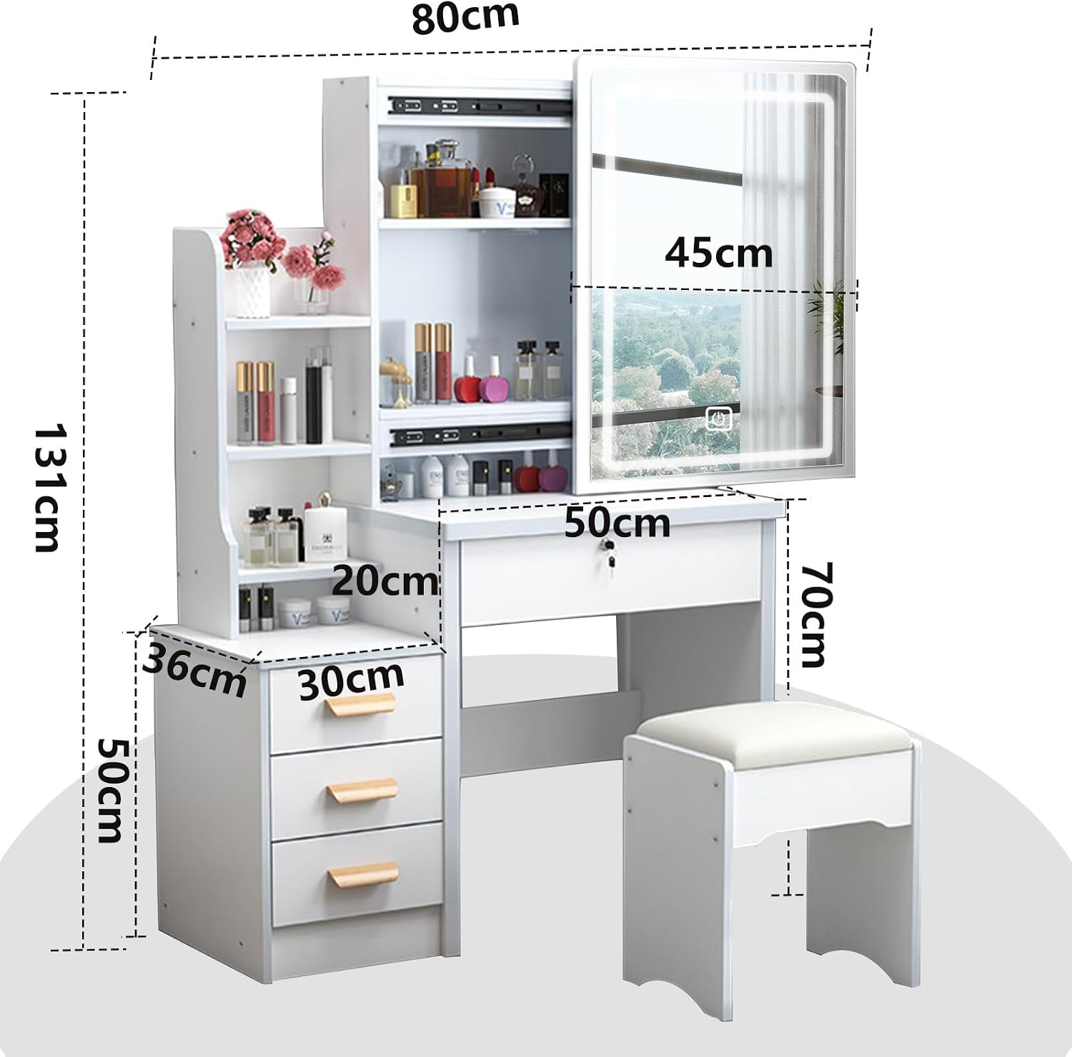 Vanity Desk with Mirror and Lights, 3 Lighting Modes, European Style Dressing Table with Drawers, with Open Storage Shelves,Makeup Vanity Table for Bedroom,Gifts for Girls and Women, White - Image 2