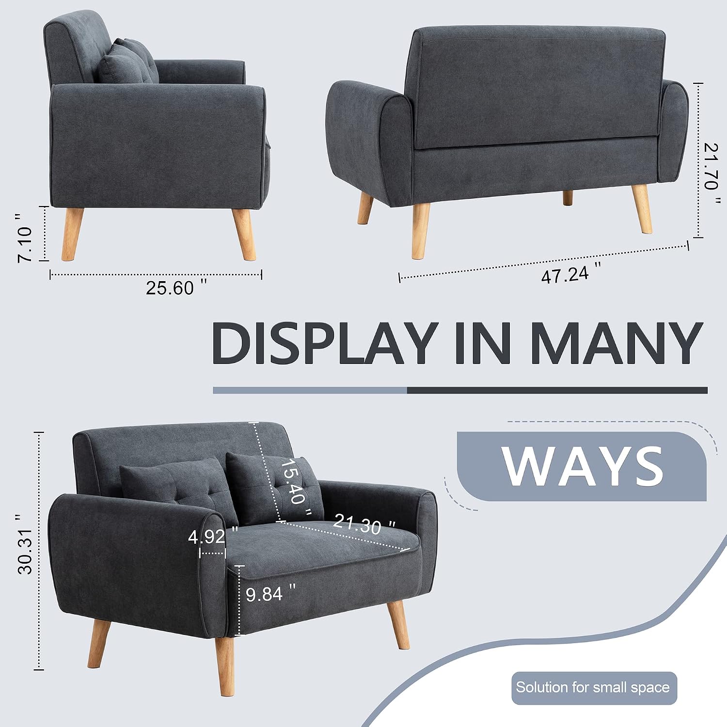 47" Small Modern Loveseat Couch Sofa, Fabric Upholstered 2-Seat Sofa, Love Seat Furniture with 2 Pillows, Wood Leg for Small Space, Living Room, Bedroom, Apartment, Dark Grey - Image 2
