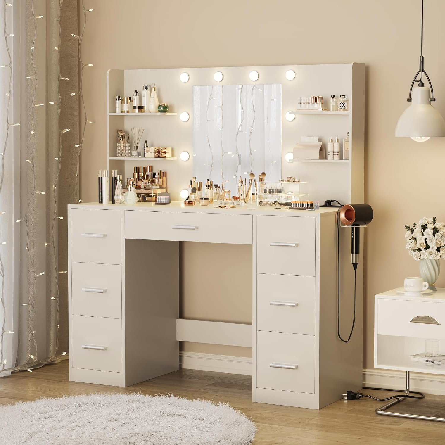 Vanity Desk with Mirror, LED Lights and Power Outlet Makeup Vanity Table with 7 Drawers and 6 Storage Shelves Dressing Table for Bedroom Dressing Room (White) - Image 2