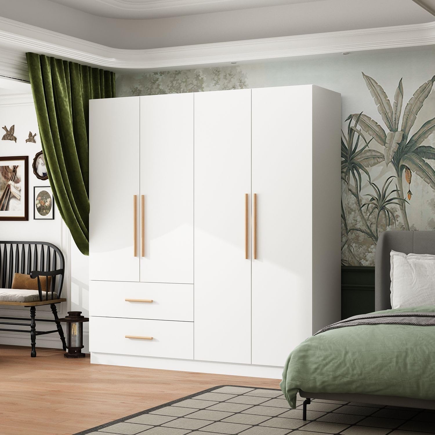 4 Door Wardrobe with Drawers and Shelevs, Armoires Wardrobe Closet with Hanging Rod, Armoires and Wardrobes for Bedroom White (63”W x 20.7”D x 69.7”H)