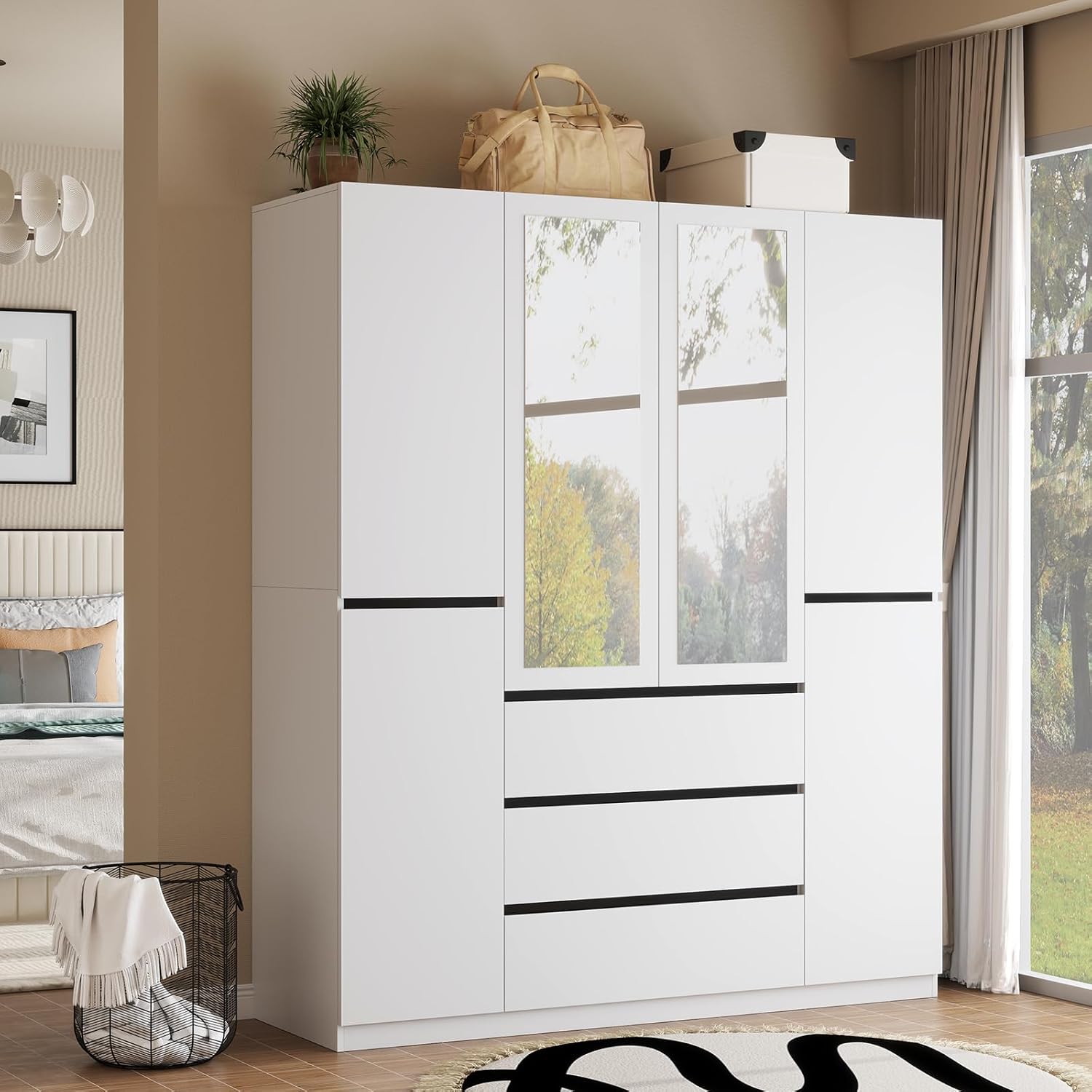 6 Door Armoire Wardrobe Closet with Large 3 Drawers & 2 Mirror, Wooden Bedroom Armoires with Shelves and Hanging Rod, Freestanding Wardrobe Cabinet for Bedroom, Guest Room (White)