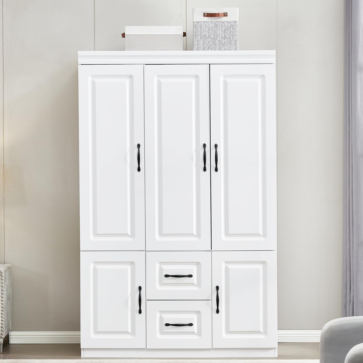 74''H Closet Wardrobe Closets 3 Doors Armoire Wardrobe Closet Wood White Storage Closet Wardrobe Cabinet Bedroom Armoires with Hanging Rod 2 Drawers Clothes Wooden Cabinet