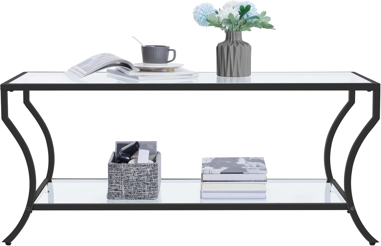 Glass Coffee Table, 2 Tier Black Coffee Table with Storage Shelf, Modern Rectangle Center Table with Glass-Top for Living Room, Home, Office
