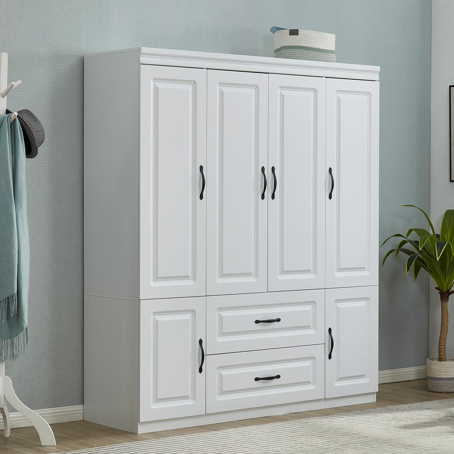 74" H Closet with Doors White Wooden Armoire Wardrobe Closet Freestanding Clothes Storage Closet Bedroom Armoires Wood Wardrobe Storage Closet Cabinet with Hanging Rod Shelf 2 Drawers