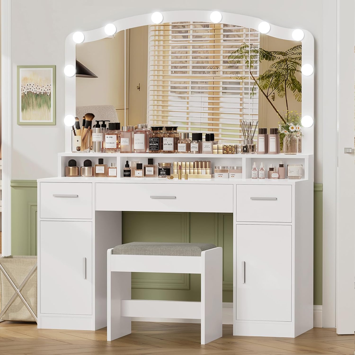 Makeup Vanity with Lights, Vanity Desk, Makeup Vanity Table with 3 Drawers, 2 Cabinets & Long Storage Shelf, 10 Led Lights, Dressing Vanity Table with Stool, for Women, Girls, Bedroom, White
