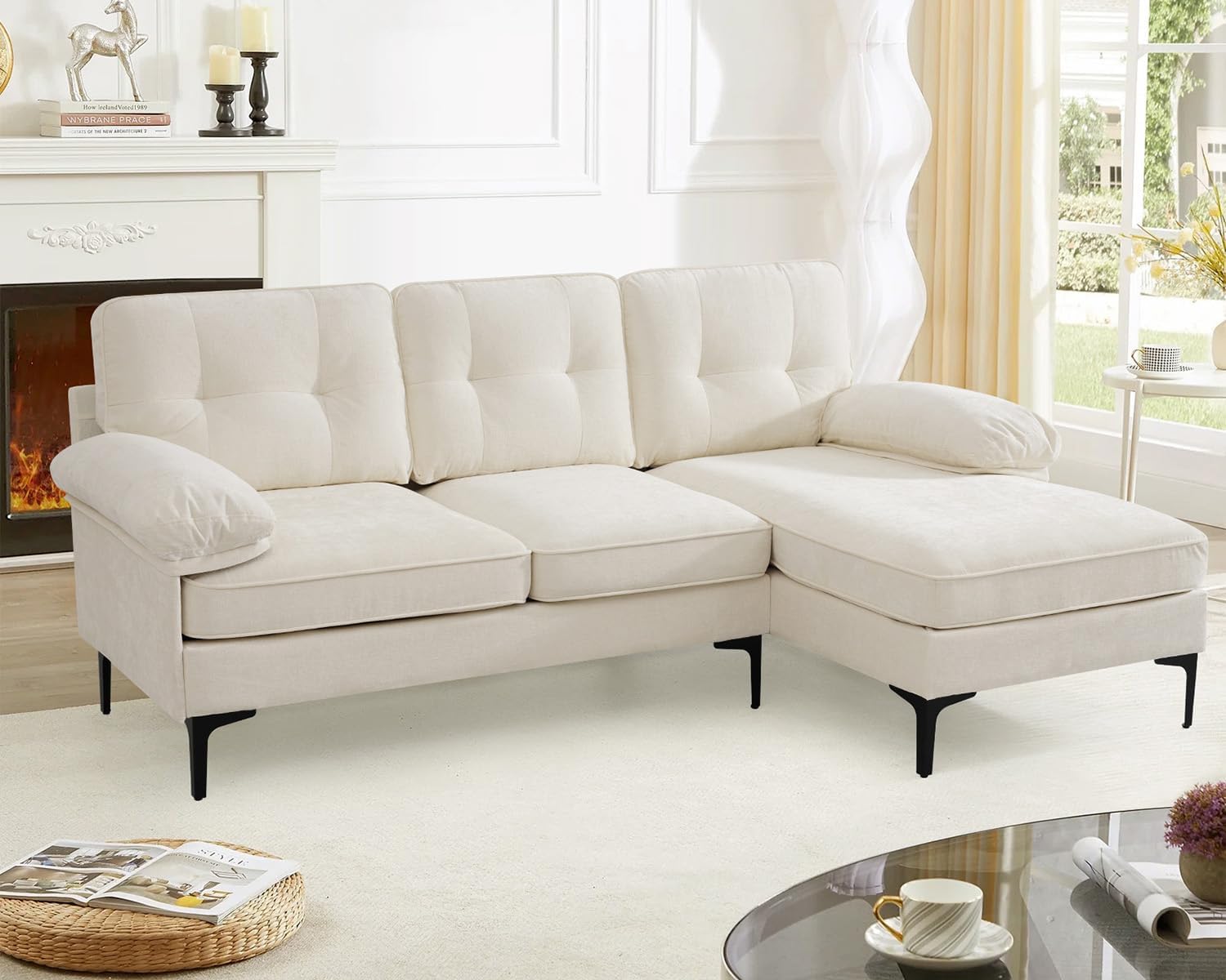 83" L Shaped Convertible Chenille Couch, Sectionals Sofa for Living Room, Modern 3-Seat Lounge Sofa for Bedroom with Chaise, Sleeper Sofa Bed with Fluffy Armrests, Washable Cushion(White)