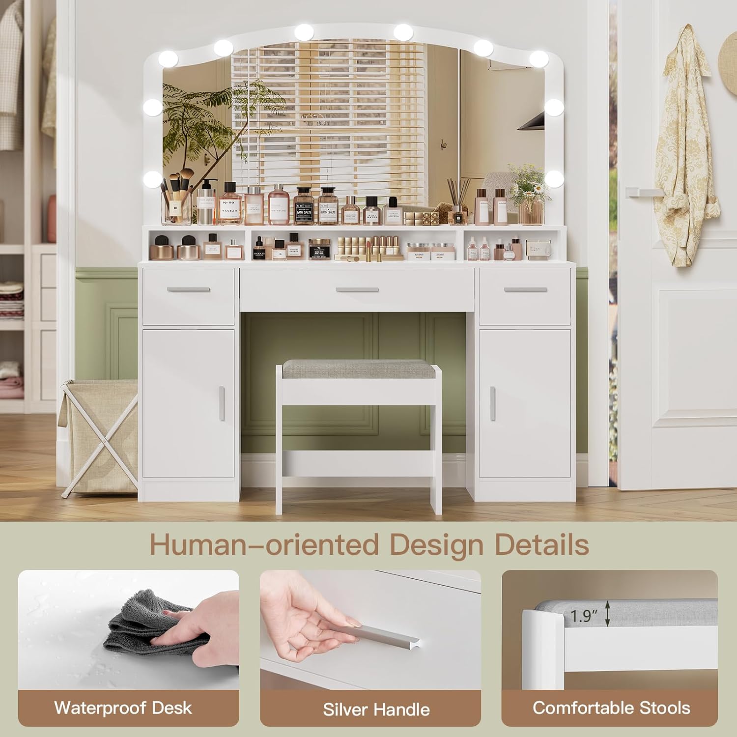 Makeup Vanity with Lights, Vanity Desk, Makeup Vanity Table with 3 Drawers, 2 Cabinets & Long Storage Shelf, 10 Led Lights, Dressing Vanity Table with Stool, for Women, Girls, Bedroom, White - Image 2