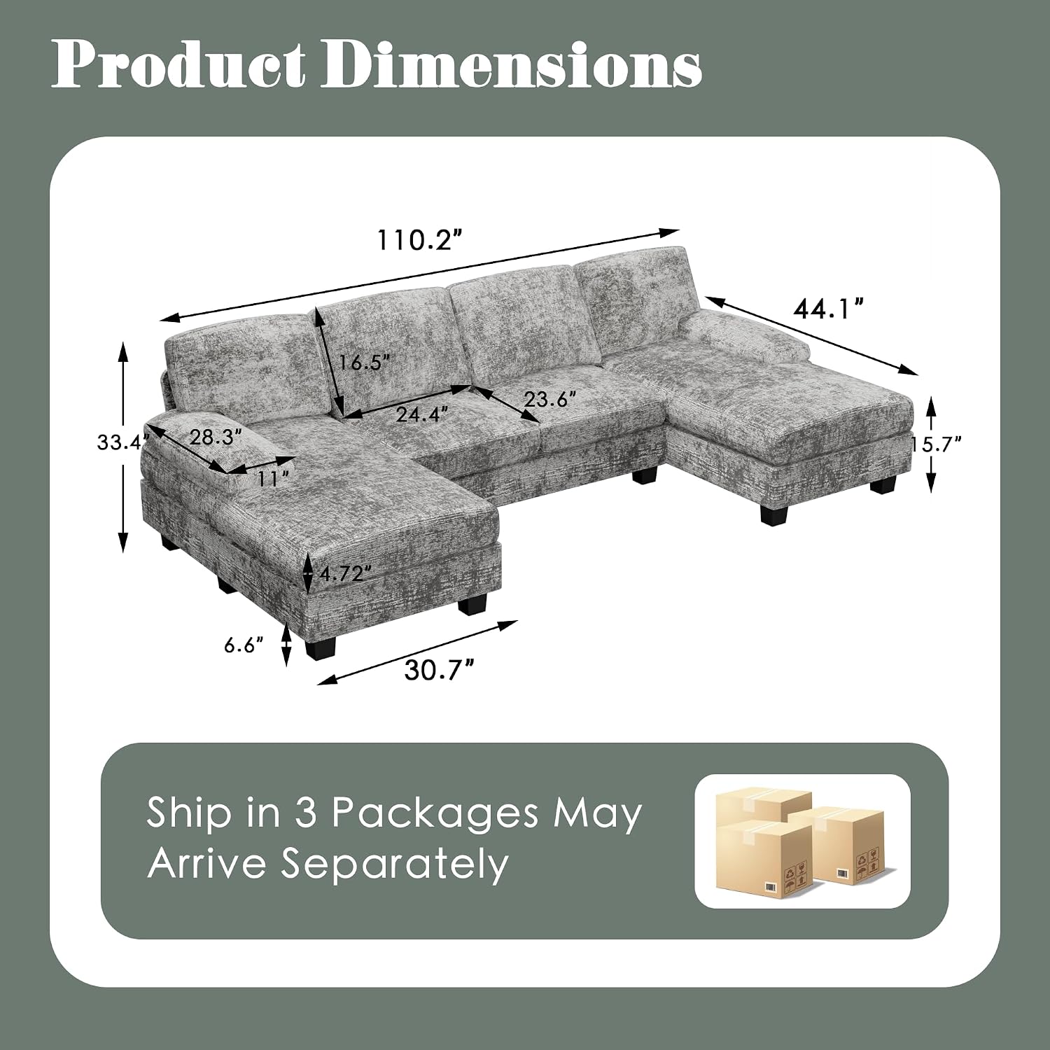 Convertible Sectional Sofa Couch, 4 Seat Sofa Set for Living Room U-Shaped Modern Fabric Modular Sofa Sleeper with Double Chaise & Memory Foam (Grey) - Image 2