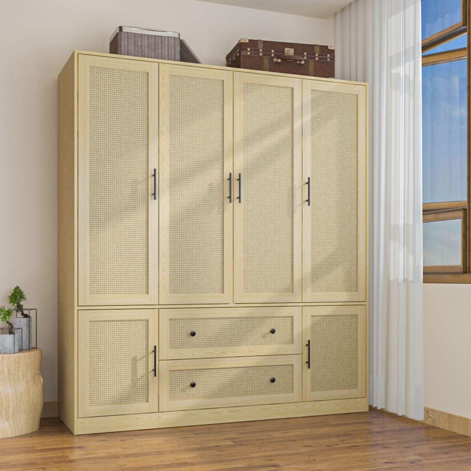 4 Rattan Door Wardrobe Closet with 2 Large Drawers and Shelves, Farmhouse Armoire Wardrobe Closet with 2 Hanging Rods, Armoire Closet for Bedroom Oak (63”W x 19.7”D x 70.9”H)