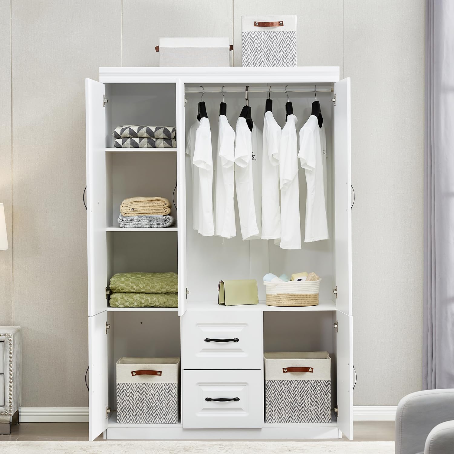 74''H Closet Wardrobe Closets 3 Doors Armoire Wardrobe Closet Wood White Storage Closet Wardrobe Cabinet Bedroom Armoires with Hanging Rod 2 Drawers Clothes Wooden Cabinet - Image 2