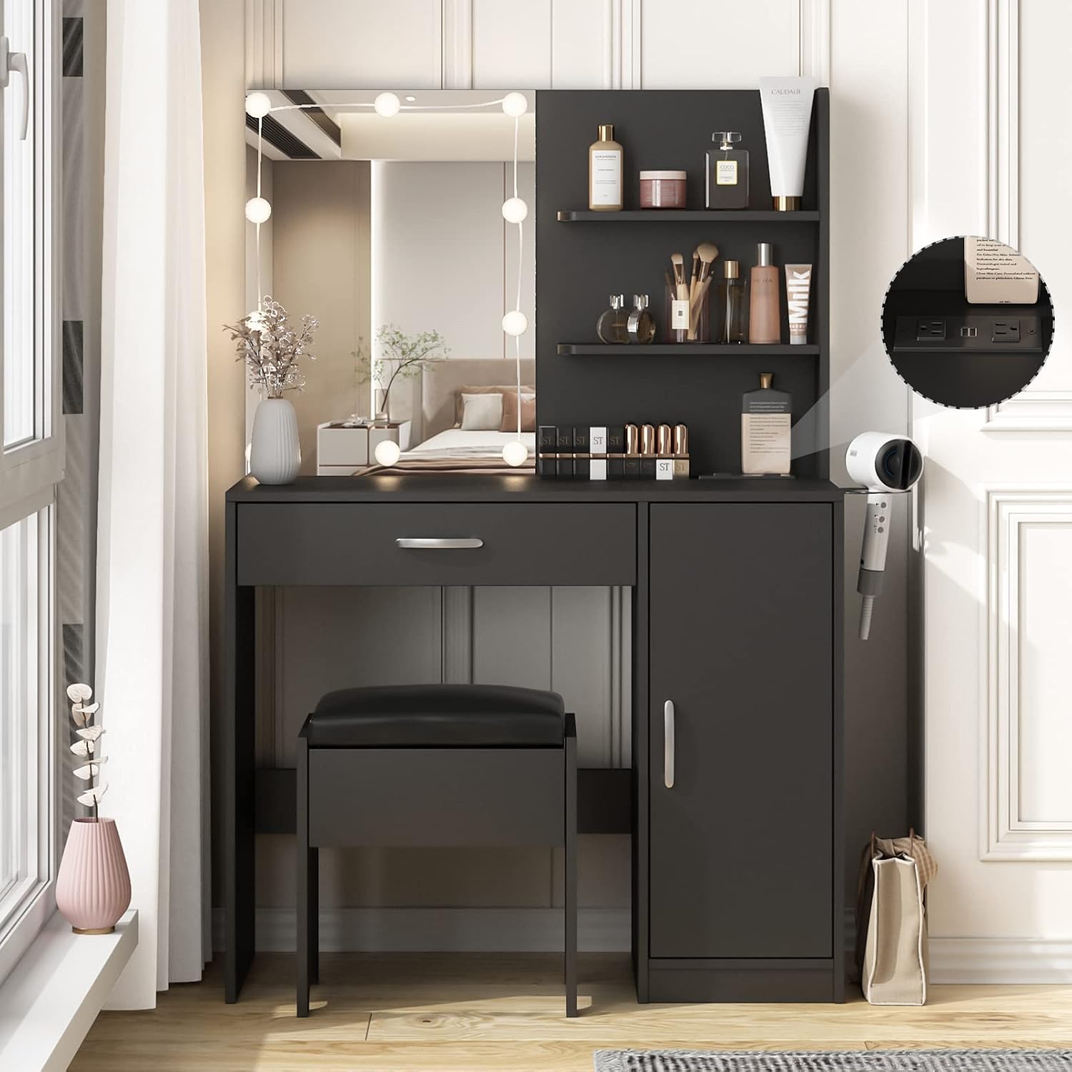 Makeup Vanity Desk with Lighted Mirror & Power Strip,Makeup Vanity Table with Lights and Lots Storage,3 Lighting Modes,35in Large Drawers Dressing Table,Black