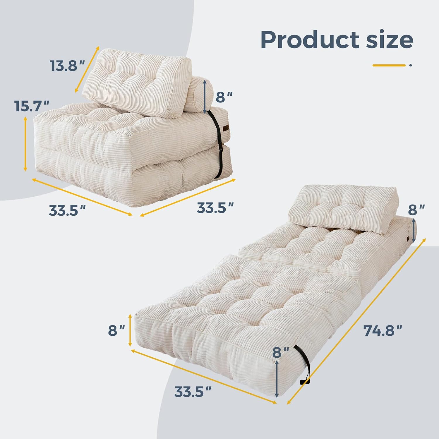 Folding Sofa Bed, Convertible Sleeper Chair with Pilow Foldable Matress with Back Support, Portable Fold Out Chair Bed Comfy Floor Sofa Lounge for Living Room Bedroom, Beige, Single - Image 2