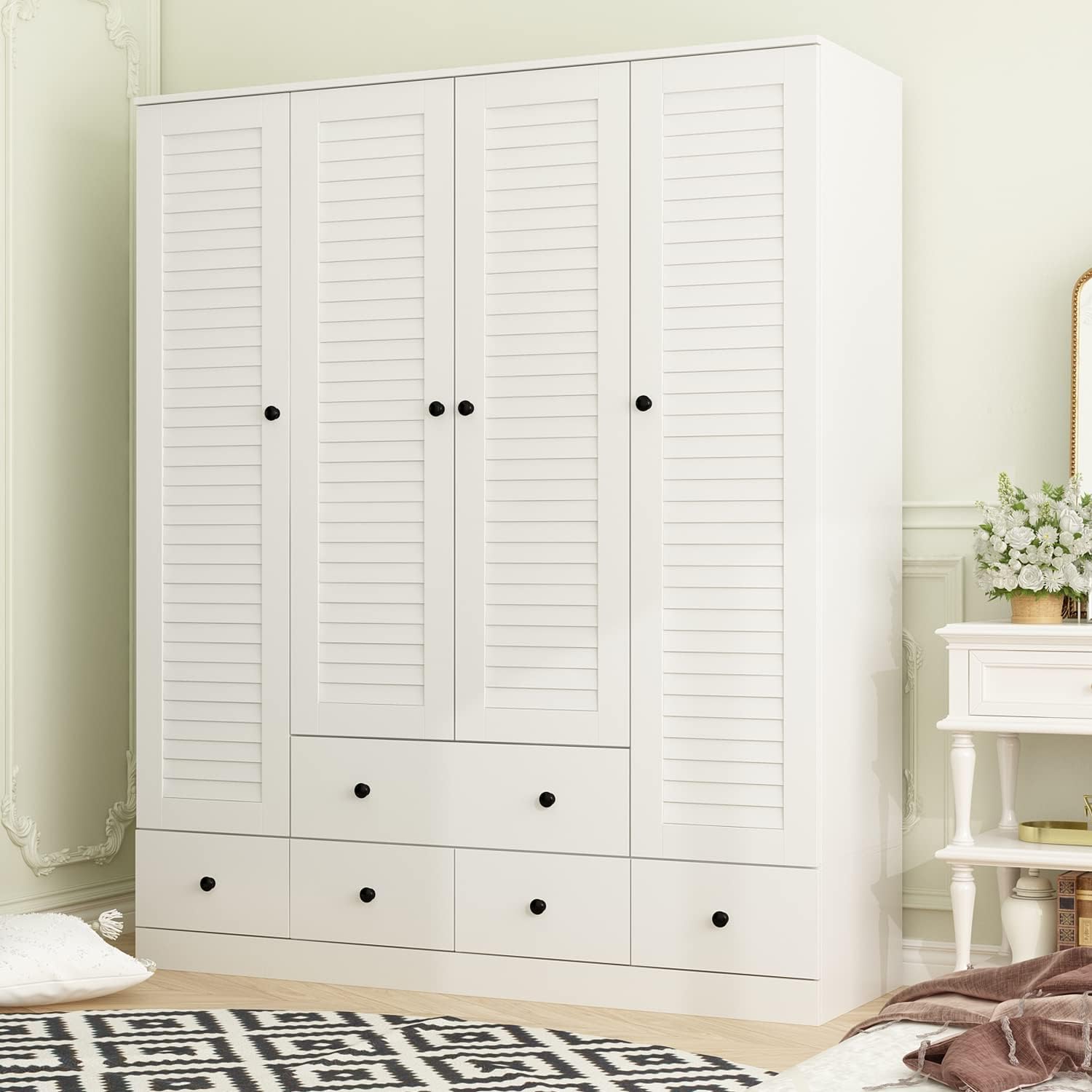Large Wardrobe Armoire with Multi-Tier Shelves, 5 Drawers, Hanging Rod & 4 Louver Doors, Wooden Closet Storage Cabinet for Bedroom, White (59.06”W x 19.06”D x 70.47”H)