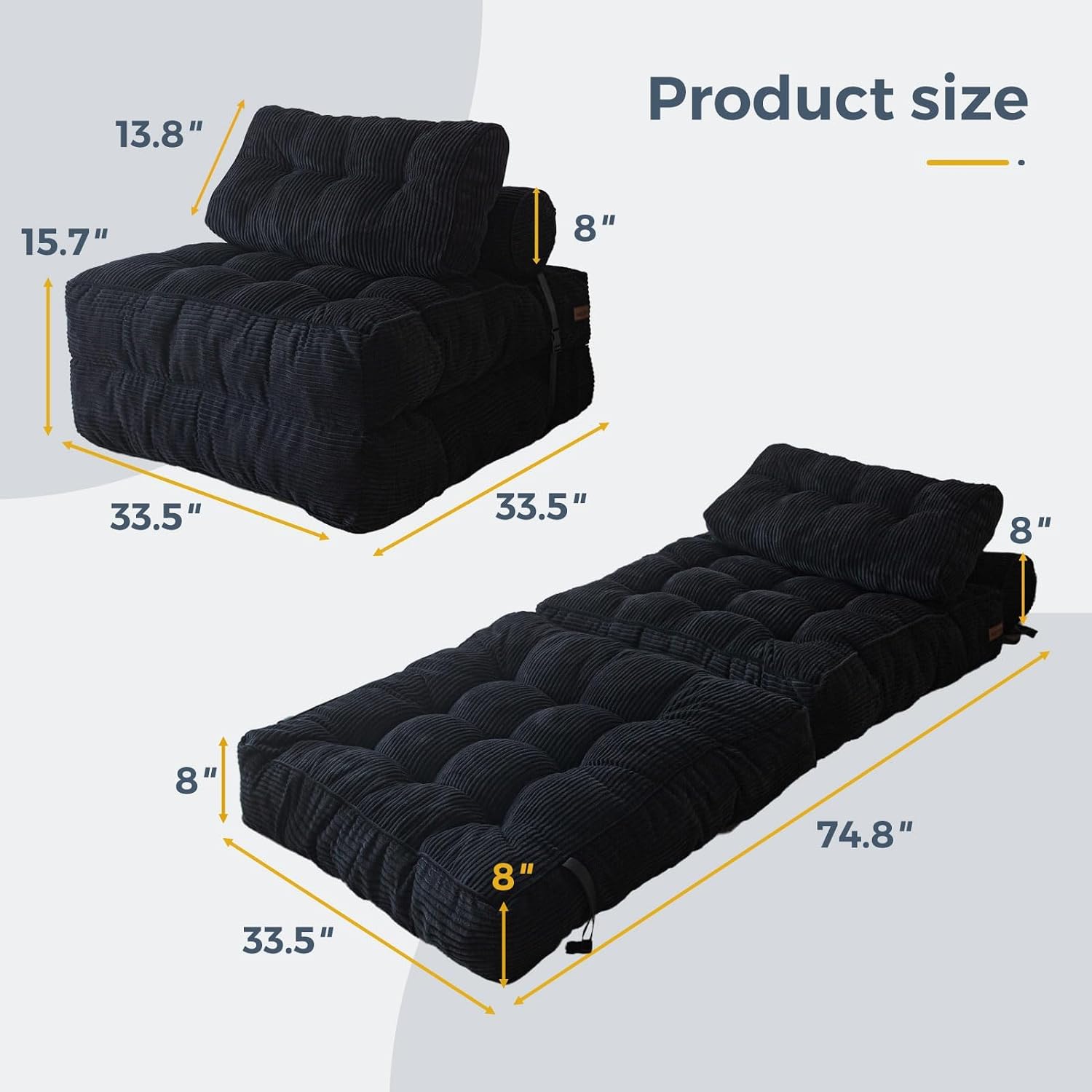 Folding Sofa Bed, Convertible Sleeper Chair with Pilow Foldable Matress with Back Support, Portable Fold Out Chair Bed Comfy Floor Sofa Lounge for Living Room Bedroom, Black, Single - Image 2