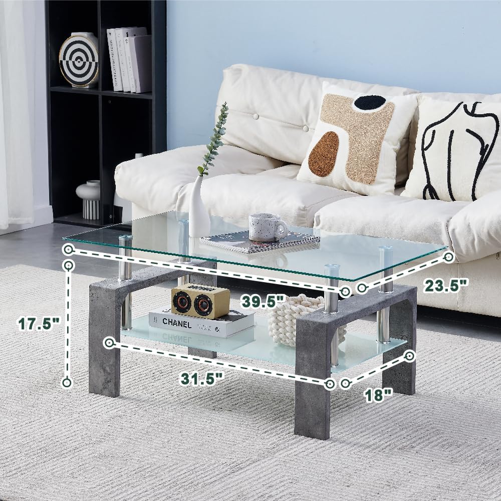 Living Room Rectangle Coffee Table, Tea Table Suitable for Waiting Room, Modern Side Coffee Table with Wooden Leg, Glass Tabletop with Lower Shelf,Grey Marble - Image 2