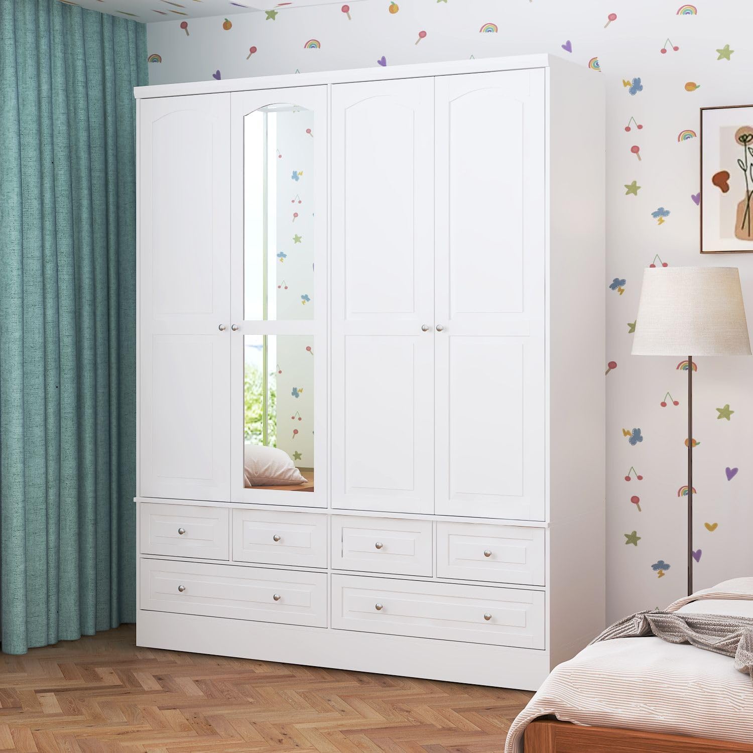 4 Door Wardrobe Closet with Mirror & 6 Drawers, Wardrobe Armoire Closet with 2 Hanging Rods, Armoire Wardrobe with 4 Tier Shelves, Closet for Bedroom White (63”W x 19.7”D x 78.7”H)