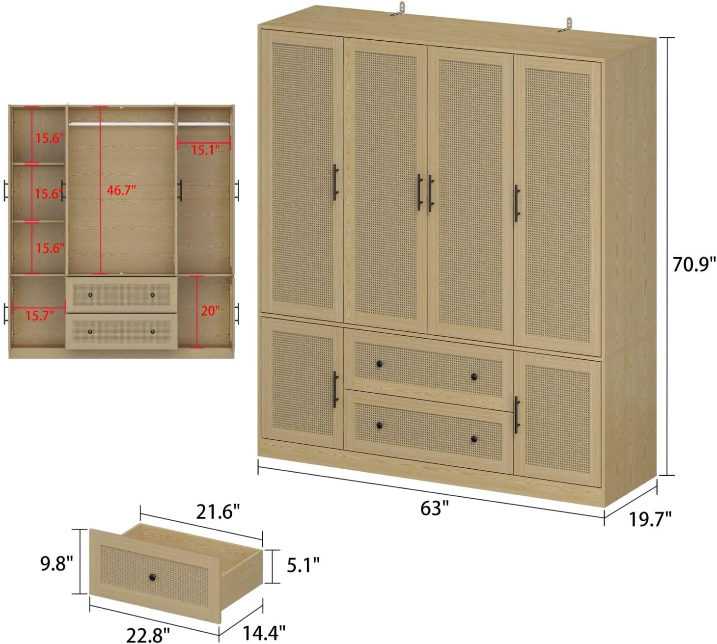 4 Rattan Door Wardrobe Closet with 2 Large Drawers and Shelves, Farmhouse Armoire Wardrobe Closet with 2 Hanging Rods, Armoire Closet for Bedroom Oak (63”W x 19.7”D x 70.9”H) - Image 2