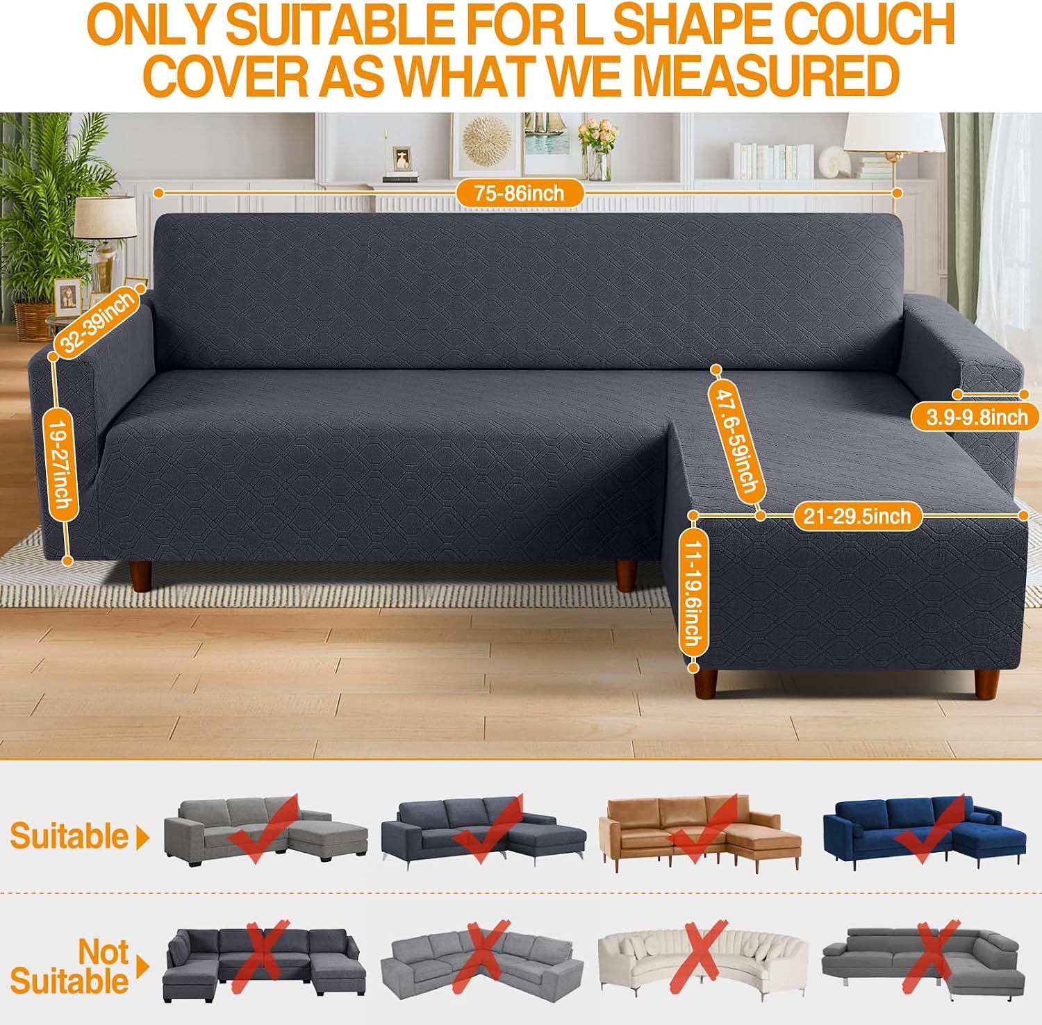 Couch Cover L Shape Washable Sofa Cover 1-Piece L Shape Sofa Slipcover Furniture Protector Stretch Couch Slipcover with 2Pcs Pillowcases(Right Facing L Shape Cover, Charcoal Gray) - Image 2