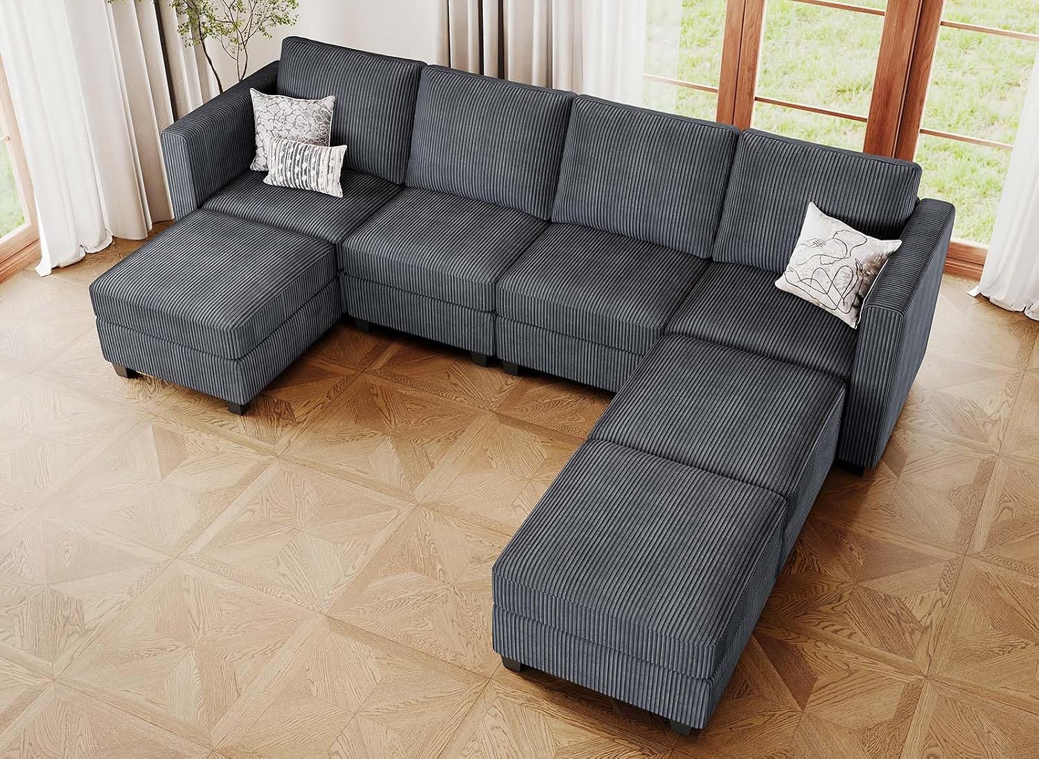 Modular Sectional Couch with Storage Ottoman U Shaped Corduroy Sectional Sofa with Chaise Convertible Modern Sectional Sofa Couch Dark Grey