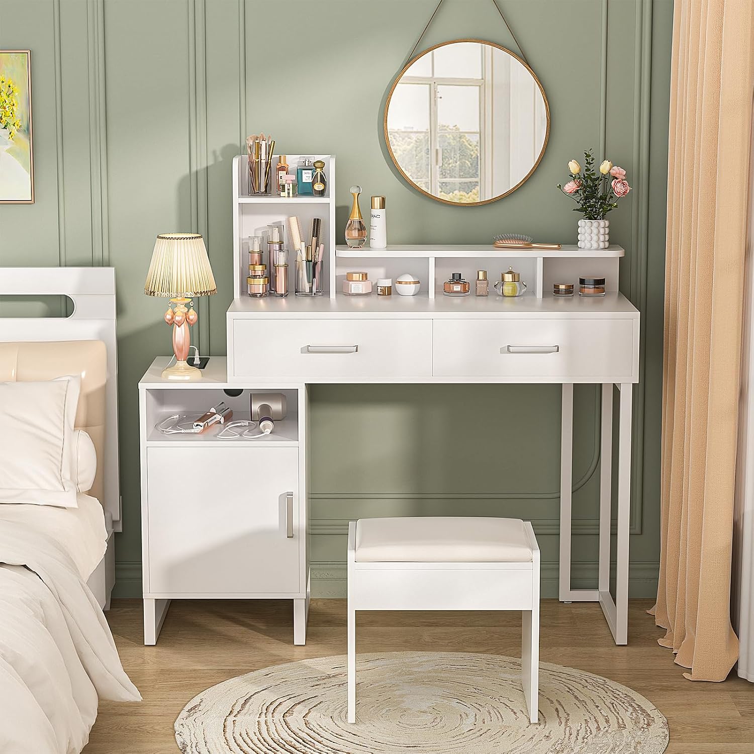 Vanity Desk, Small Vanity Desk with Power Outlet, Makeup Desk with Drawers and Cabinets, Vanity Set with Storage Shelves for Bedroom, No Mirror, White - Image 2