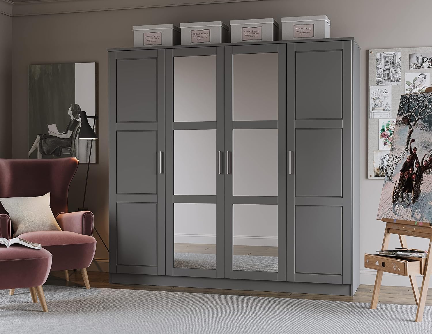 100% Solid Wood 4-Door Wardrobe with Mirrored Doors, Clothing Rods, No Shelves, White, 74.5" W x 72" H x 20.75" D, Renewable Eco-Friendly Wood, Made in Brazil - Image 2