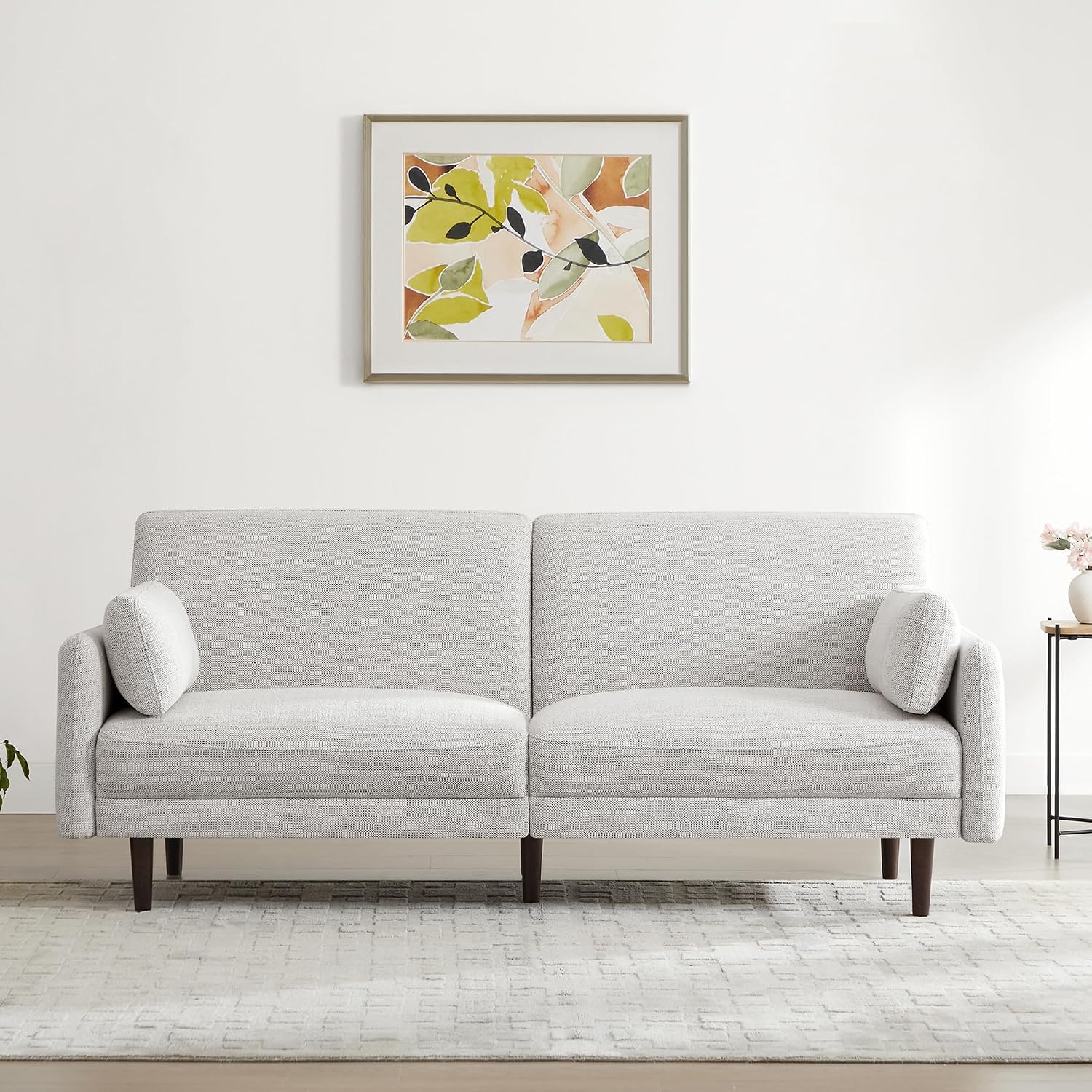Mid-Century Modern Sofa, Fabric Couch for Living Room with Solid Wood Leg, No-Tools Assembly, 73''W, Ivory