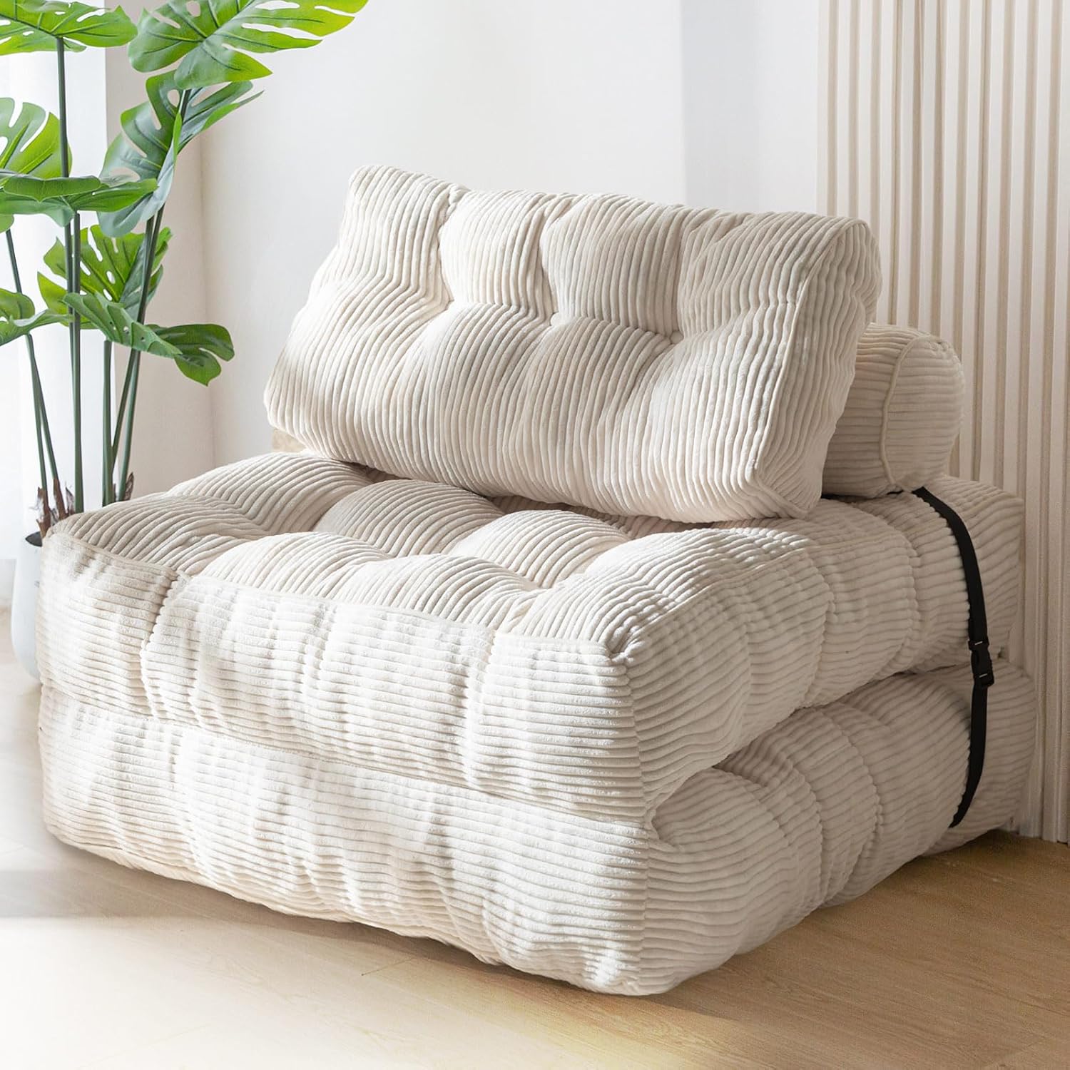 Folding Sofa Bed, Convertible Sleeper Chair with Pilow Foldable Matress with Back Support, Portable Fold Out Chair Bed Comfy Floor Sofa Lounge for Living Room Bedroom, Beige, Single